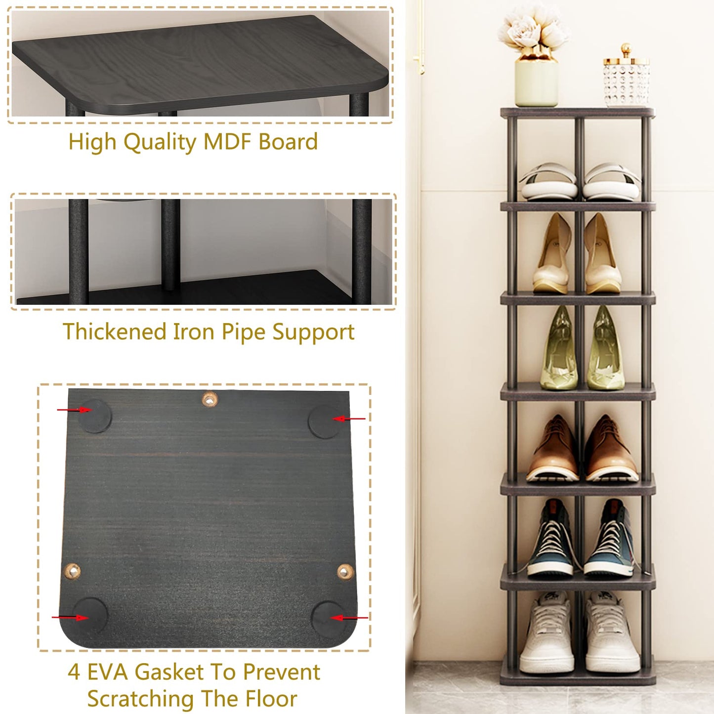 SORCEDAS 7 Tiers Vertical Shoe Rack Wooden Shoe Storage Organizer for Space Saving Narrow Shoe Shelf Storage 7 Pairs for Entryway Living Room Bedroom(Black + Rustic Dark Brown)