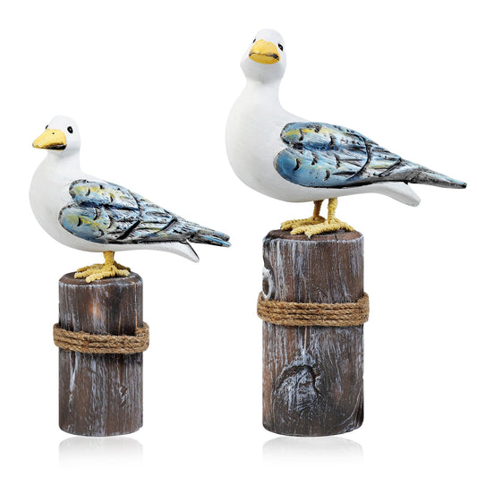 Meching 2Pcs Wooden Seagull Figurine on Piling Mediterranean Style Sea Bird Statue Craft Standing Seagull Decorations for Home Indoor Decor Living Room Kitchen Beach Party Bedroom Office Accessories
