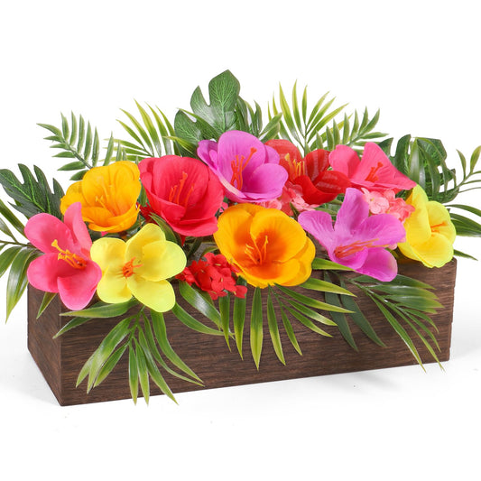 Dlerom Hawaiian Table Centerpieces Artificial Hibiscus Flowers Arrangements Wooden Crate, Wooden Planter with Tropical Palm Leaves for Summer Beach Tiered Tray Shelf Table Home Aloha Luau Party Decor