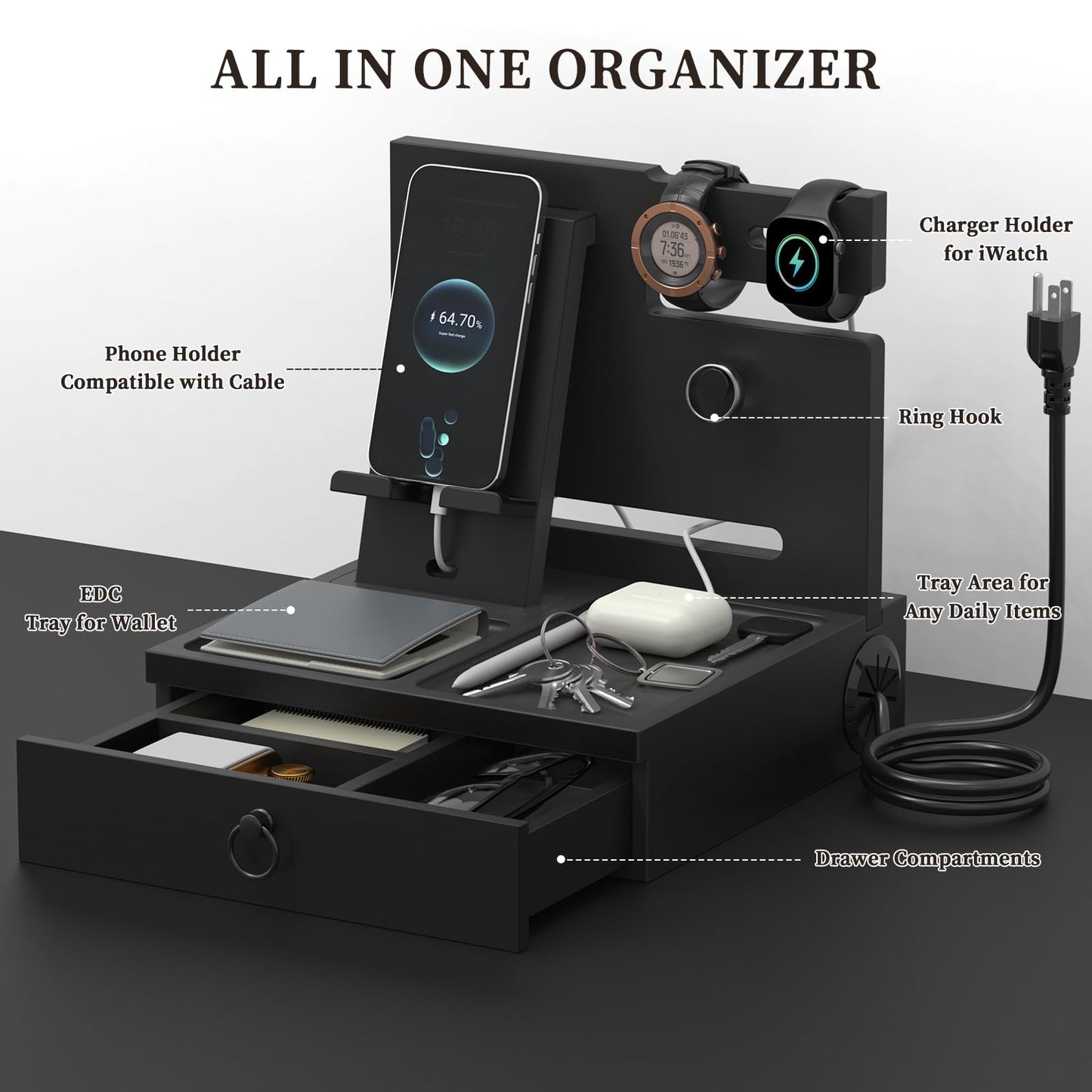 upcessory Nightstand Organizer, Wood Bedside Organizer Docking Station with USB Ports and Outlets, Gifts for Men, Nightstand Drawer Organizer for Cellphone, Watch, Sunglasses & Accessorie