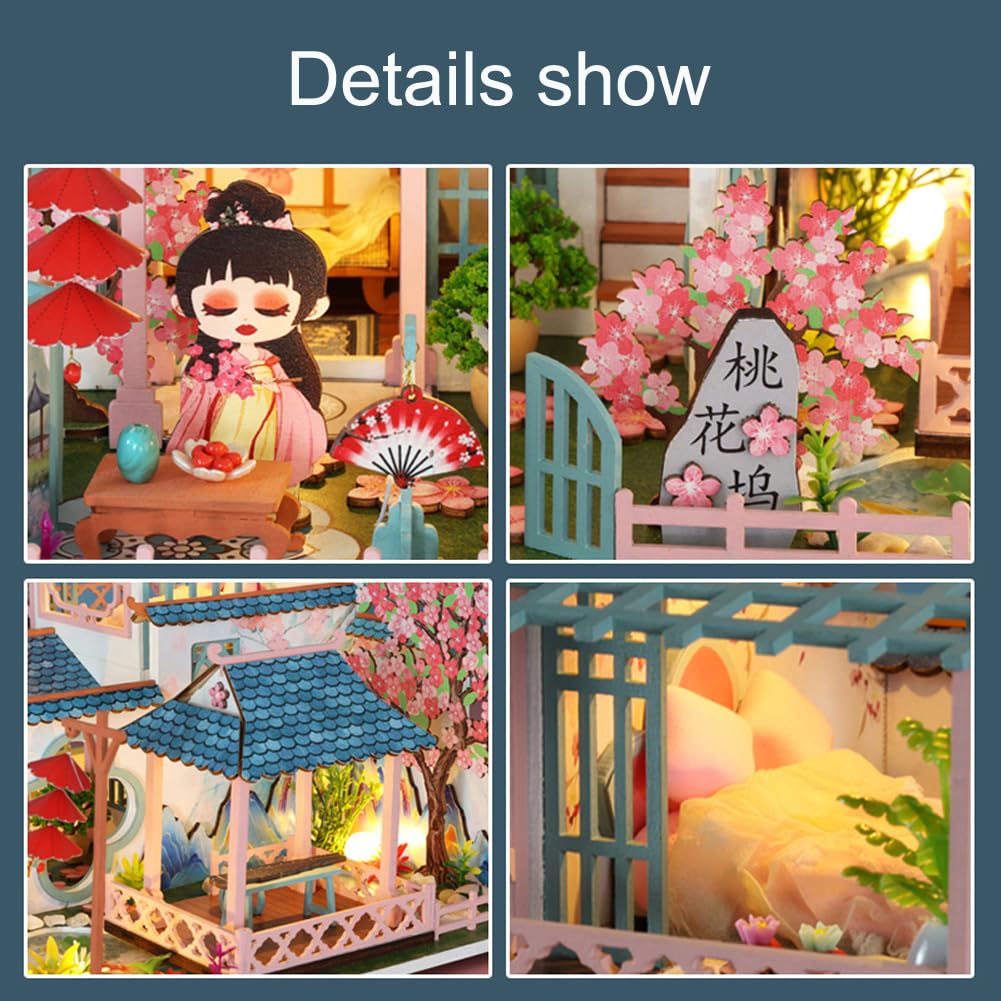 Yuzhen DIY Miniature Dollhouse with Furniture and LED Lights, Ancient Style Wooden Mini-House Includes Dustcover and Music Movement, Exquisite Home Decor