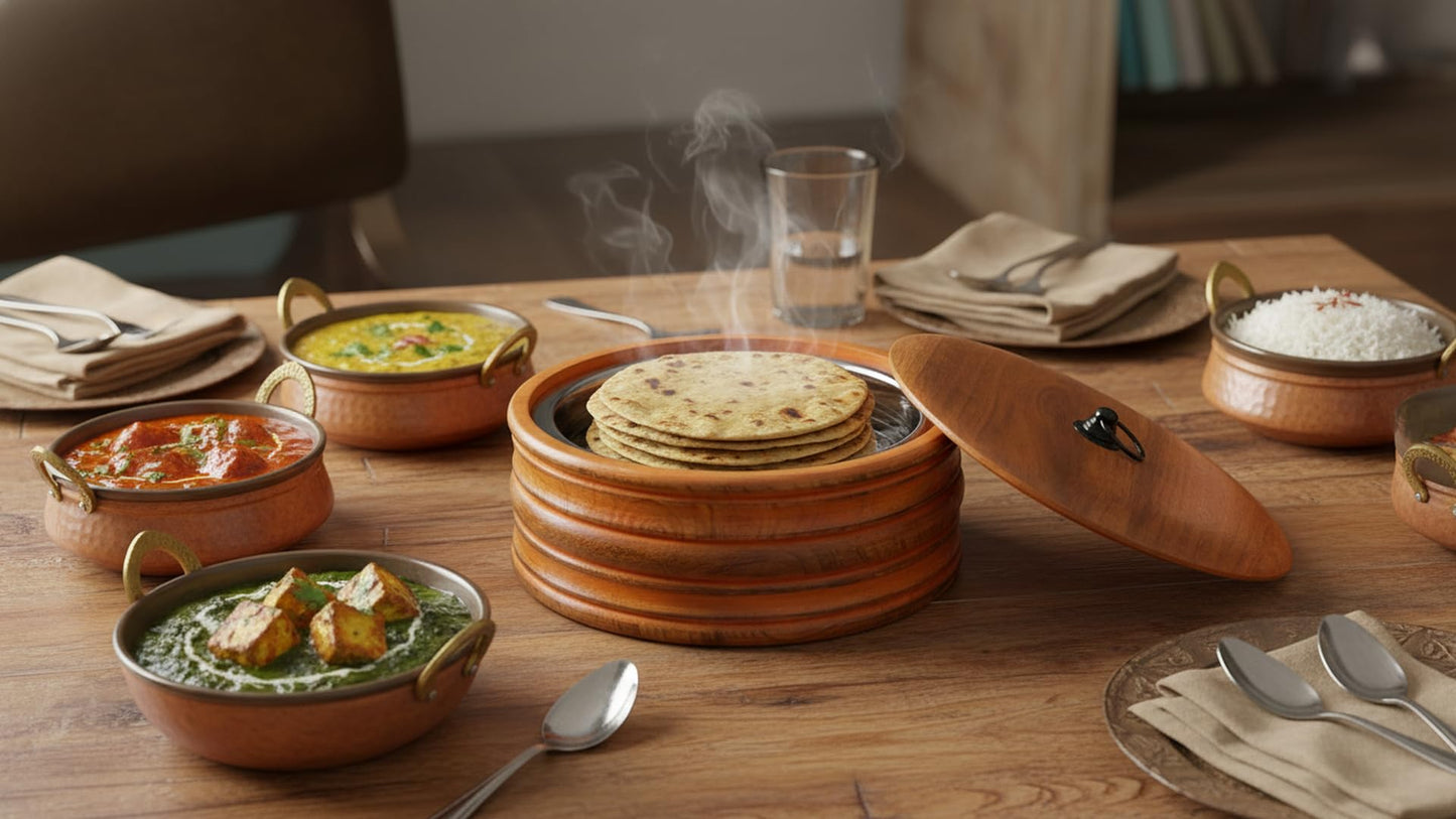 Handcrafted Wooden Mexican Tortilla Warmer Basket Indian Chapati Roti Bread Holder Box Pancake Keeper Serveware Hot Pot Casserole Dish With Lid Home Kitchen Dining Decor, Natural Brown, 9 x 4 Inches