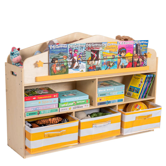 Zoolino Kids Toy Storage Organizer with Bookshelf, Wooden Montessori Playroom Furniture with 3 Removable Bins & Anti-Tip Kit, Toddler Storage Cabinet for Rooms, Playroom, Kindergarten, Natural