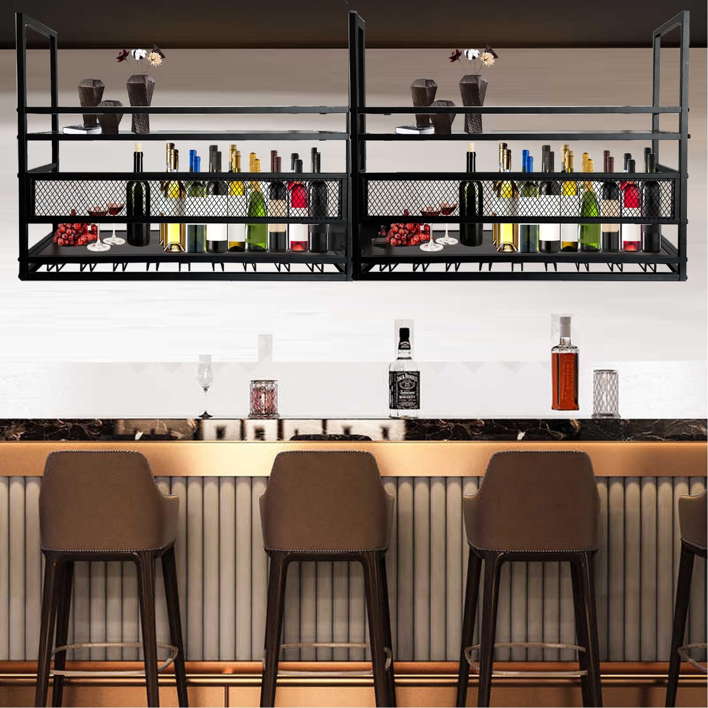 amhricho 39.3in Ceiling Wine Glass Rack, 2-Tier Wooden Hanging Wine Rack, Industrial Black Metal Hanging Wine Storage Holder, with Glass Holder for Restaurant, Bar (BLACK, 39.3 * 11.8 * 35.4INCH)