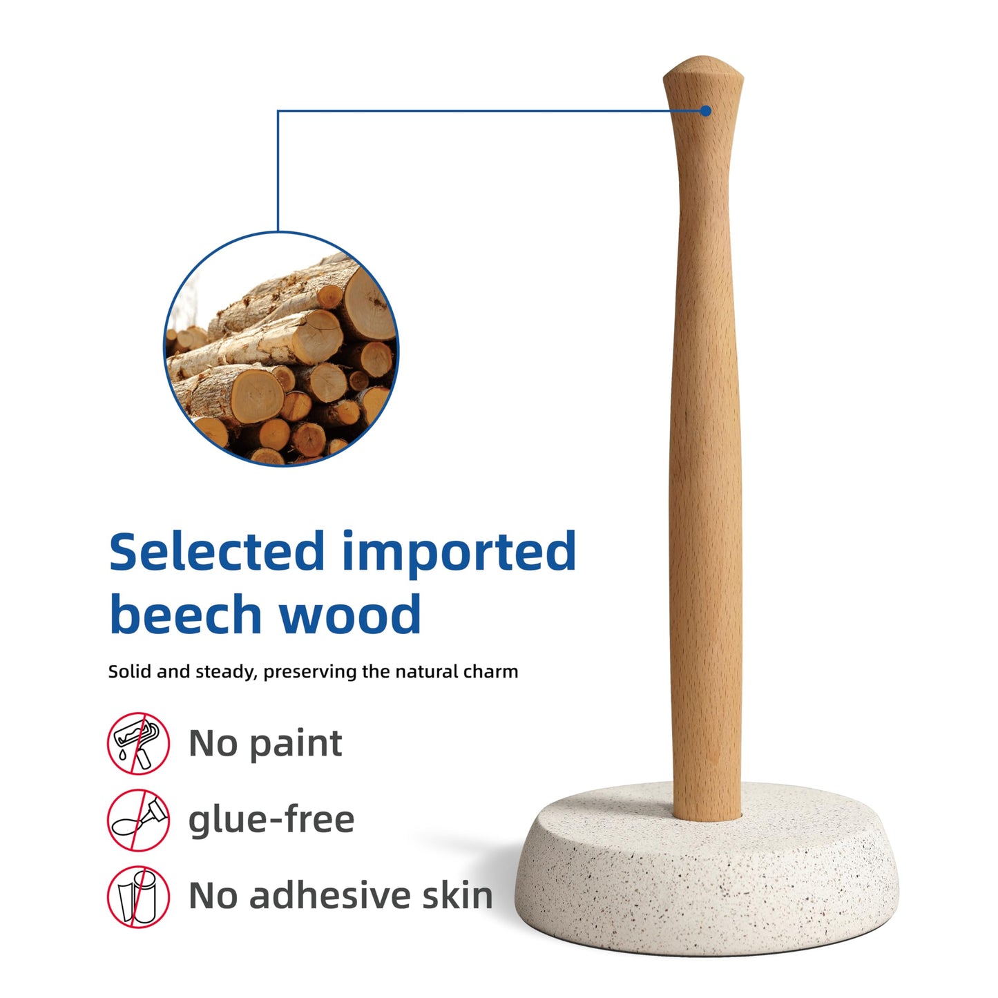 BOSHARON Kitchen Paper Towel Holder, Free Standing Cement Base with Beech Wood Rod, Modern Countertop Dispenser for Bathroom & Kitchen