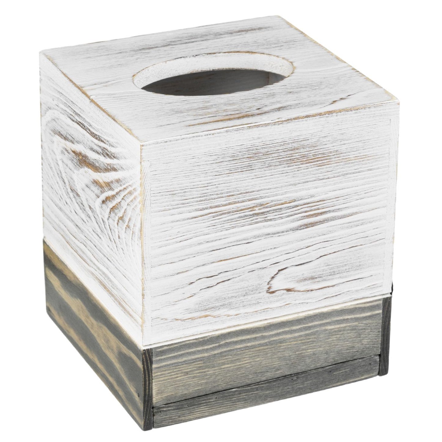 MyGift Coastal Chic Square Tissue Box Cover, Two-Tone Whitewashed Solid Wood Facial Tissue Box Dispenser Cover with Vintage Graywashed Base and Easy Slide-Out Bottom Panel, 5.5 x 5.5 x 6.3 Inches