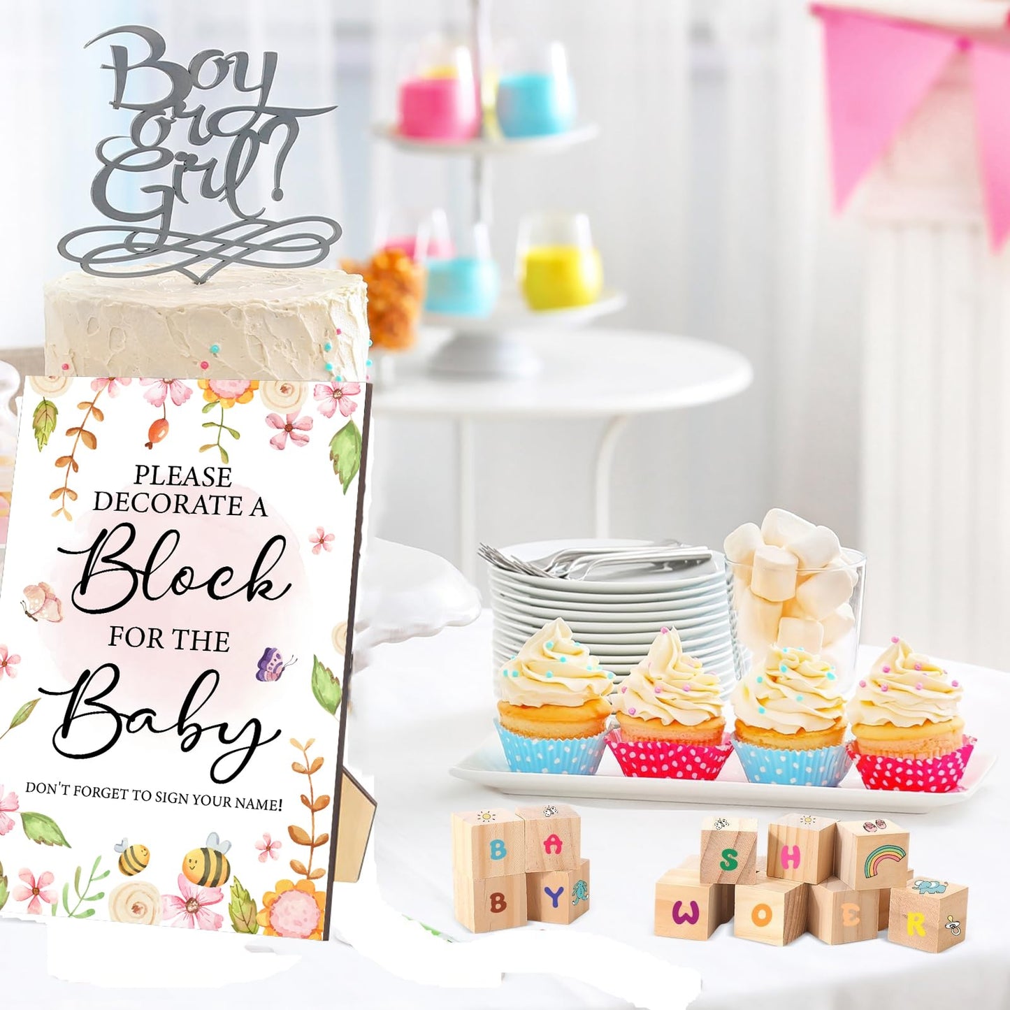AryiHitt 97 Pcs Baby Shower Game Sign Set Includes Decorative Square Signs 56 DIY Blank Wooden Blocks 20 Paint Markers (Garden)