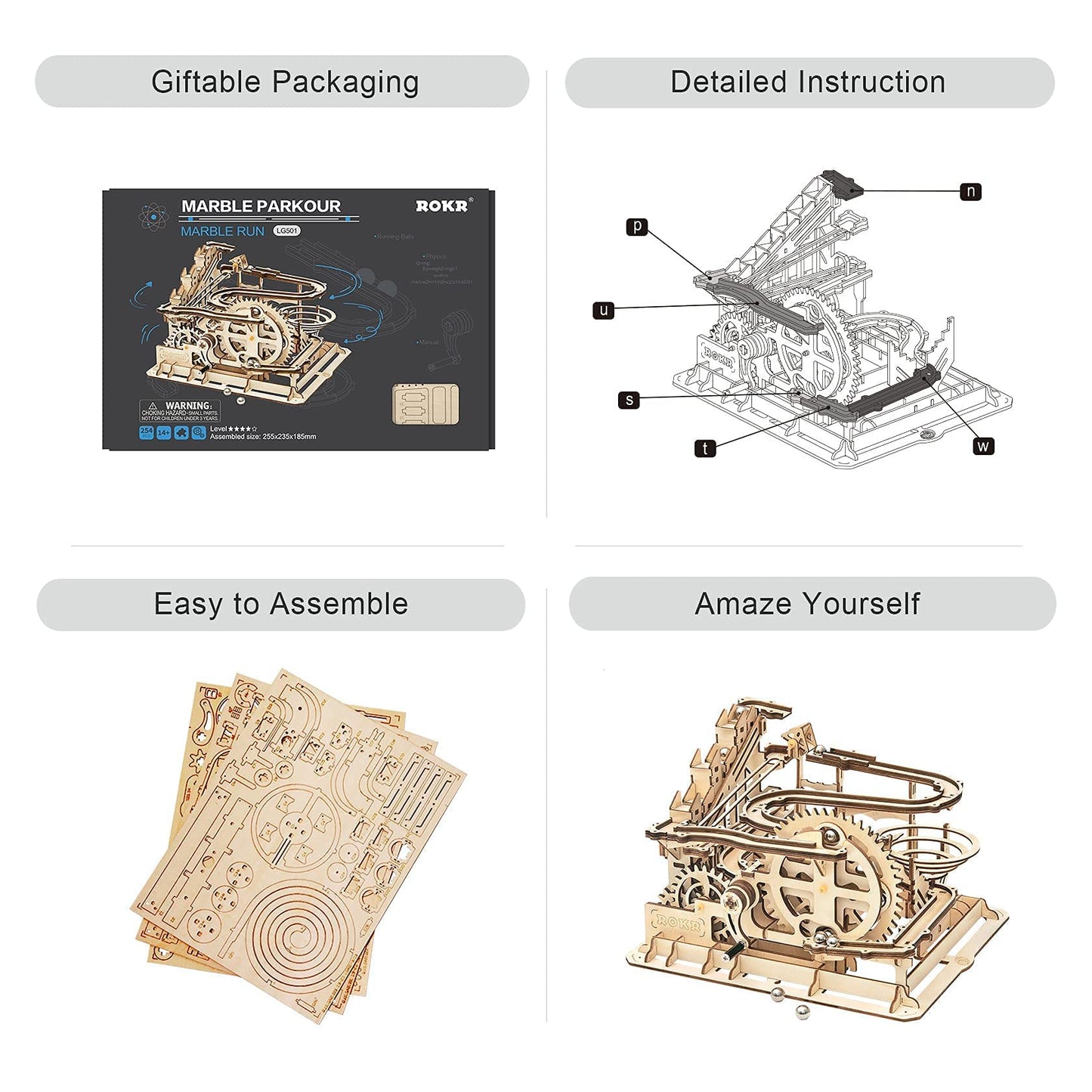 ROKR 3D Wooden Puzzles Marble Run Set - Mechanical Model Kit for Adults DIY Roller Coaster Toys Gifts for Adult (Marble Parkour)