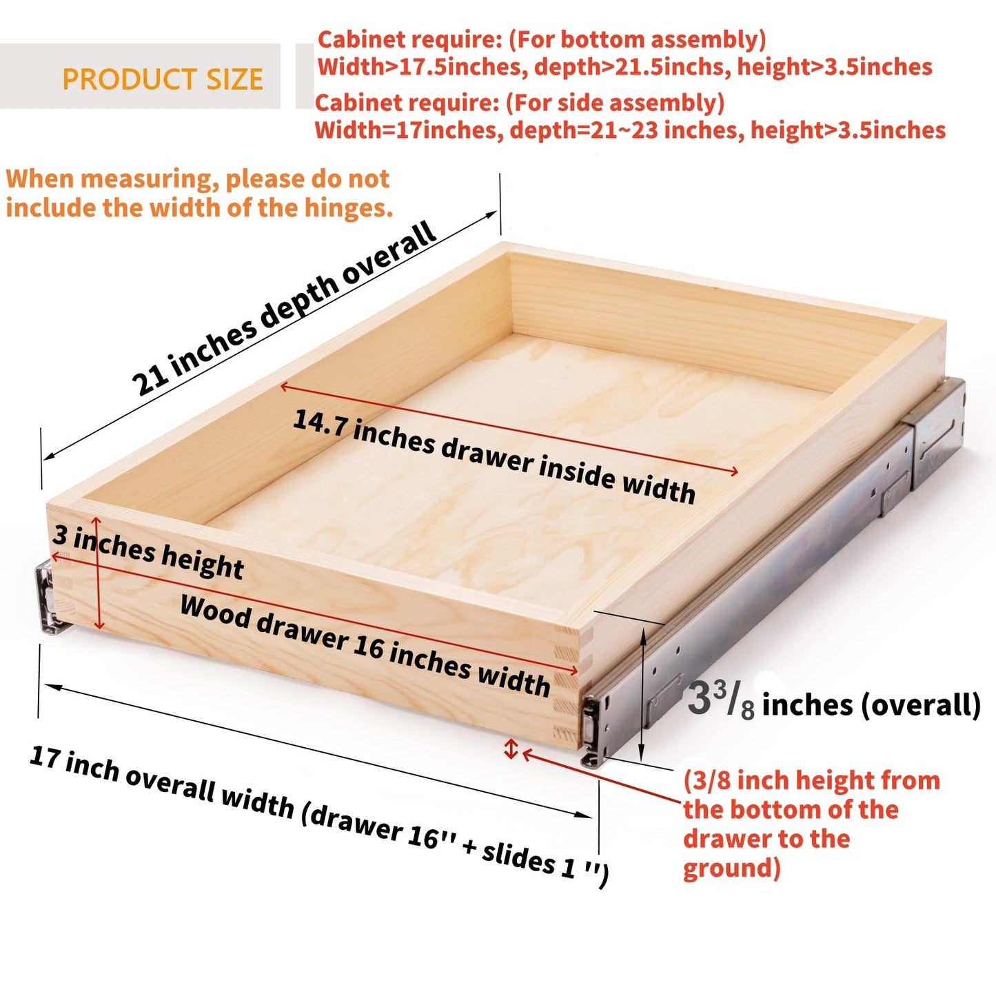 Mulush 16”W x 21”D x 3‘’H Soft Close Slide Out Wood Drawer Organizer for Kitchen, Finished, (Cabinet Opening>17.5 inches for Bottom Assembly, Opening= 17 inches for Side Assembly)