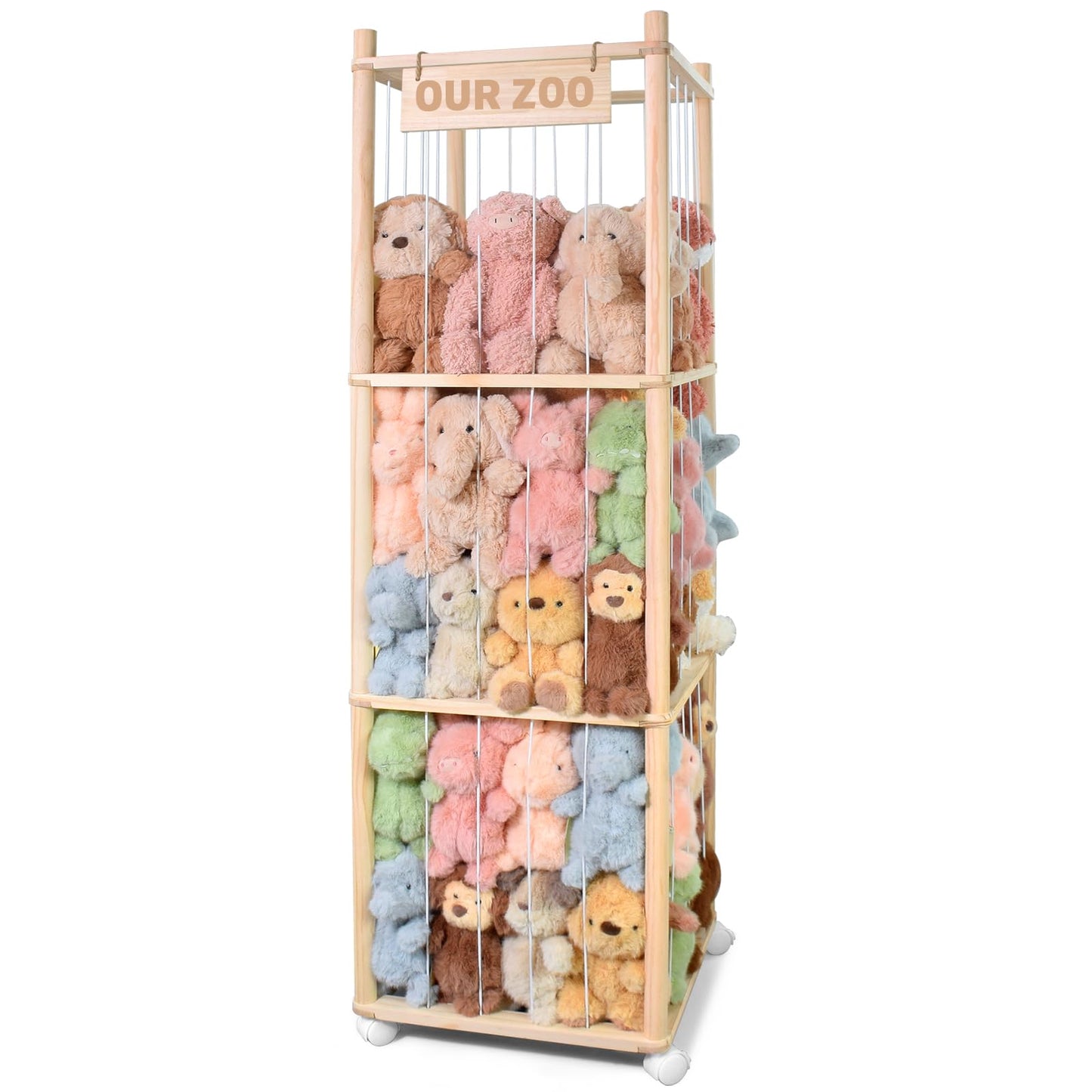 Stuffed Animal Storage, Wooden Cute Zoo Toy Holder with Brake Wheels, Space Save Toy Organizer, Large Capacity Stuffed Animal Holder, Perfect for Nursery Playroom Kidroom Bedroom-54 Inch