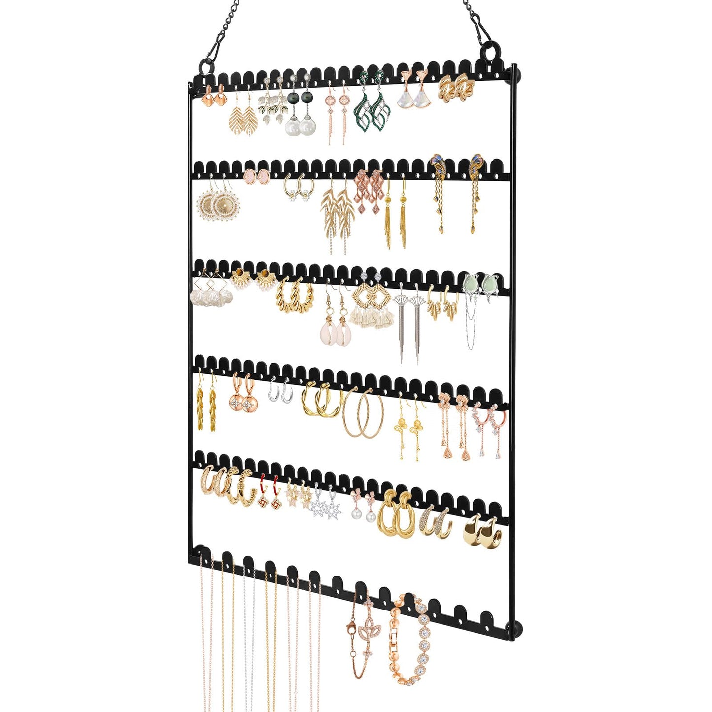milylove 6 Tier Earring Holder Wall Mounted Hanging Earring Organizer, Earring Display Storage with 123 Holes and 129 Grooves Jewelry Organizer Tree for Stud/Hoop/Dangle Earrings Necklace（Black）