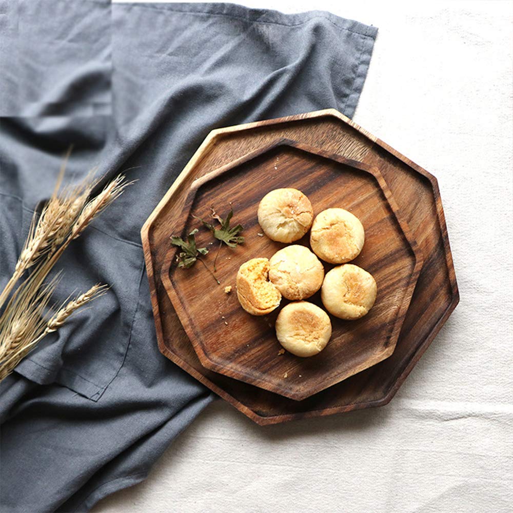 Set of 2 Acacia Wood Charcuterie Boards Round Wooden Serving Tray Fruit Platter Decor Trays Serving Ware Food Dish Serving Platters Christmas Cheese Board Square Party Trays Plate Hosting Essentials