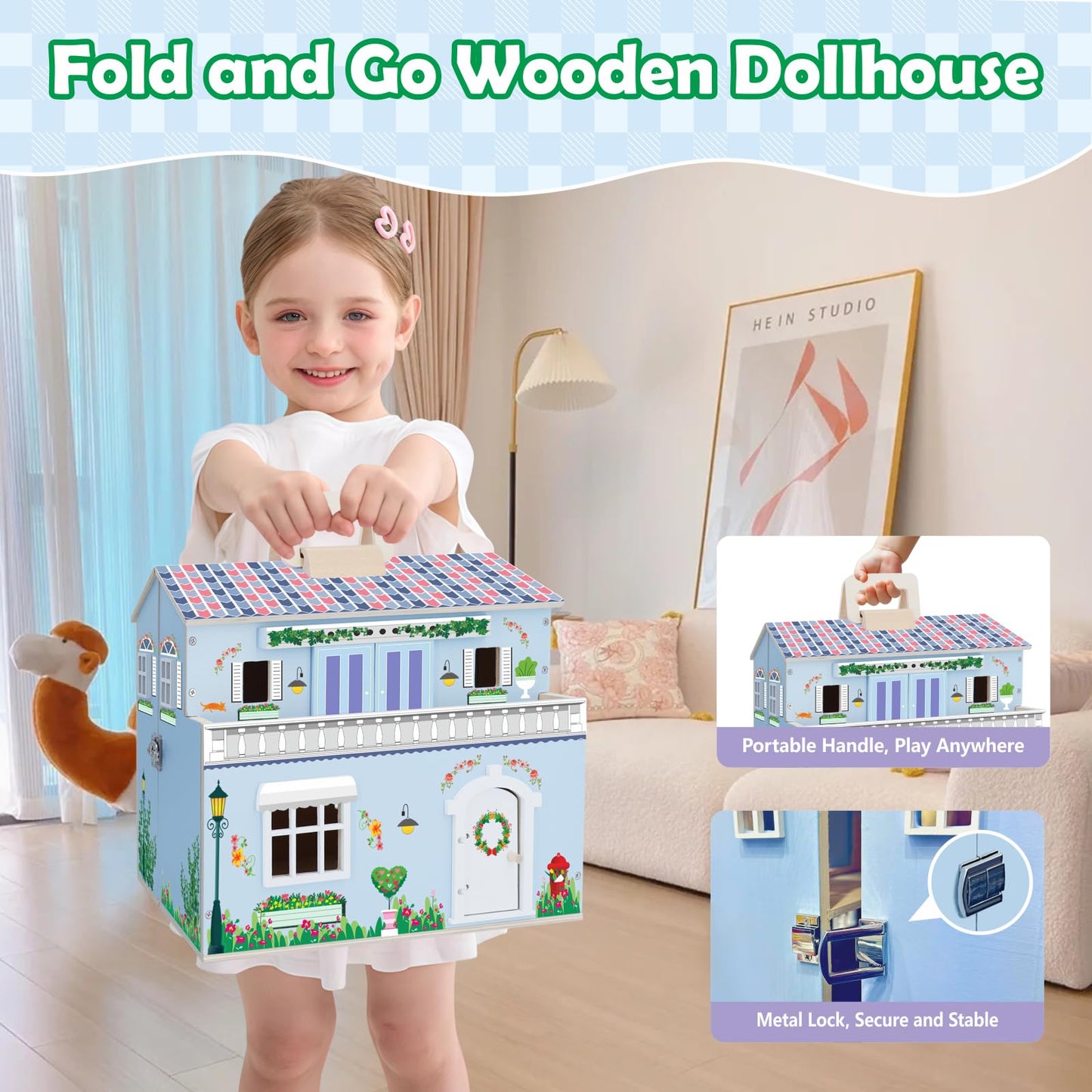 SIMPLIPLAY DIY Portable Wooden Dollhouse, Pretend Play Doll House Set with 4 Rooms, 13 Furnitures, 2 Dolls, 3 Sticker with 2 Styles, 1 Wooden Ladder, Doll House for 3+ Year Old Kids Boys Girls Gift