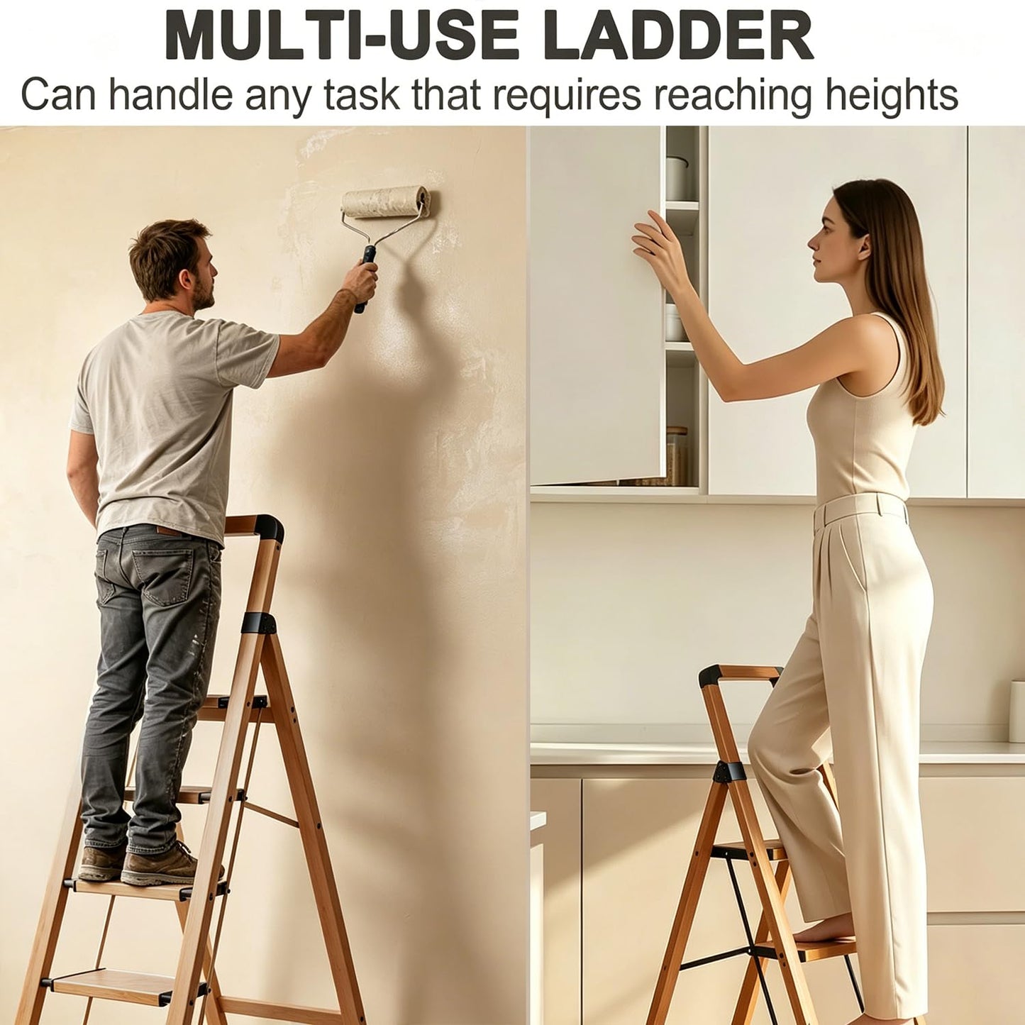 BIBKOKE Step Ladder 3-Step Woodgrain Finish Aluminum Folding Ladders