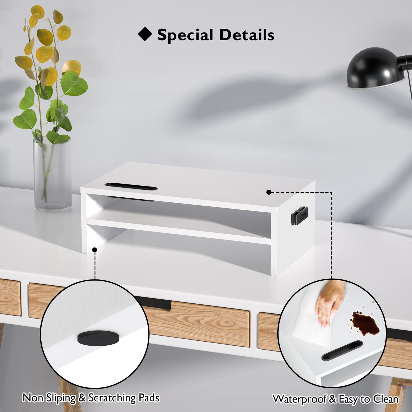 BONTEC Wooden Monitor Stand Riser for Desk, 2-Tier Computer Monitor Stand with Storage, 66 lbs Desk Shelf Organizer, Laptop & Printer Stand with Phone Holder and Cable Management, White, 16.5 Inch