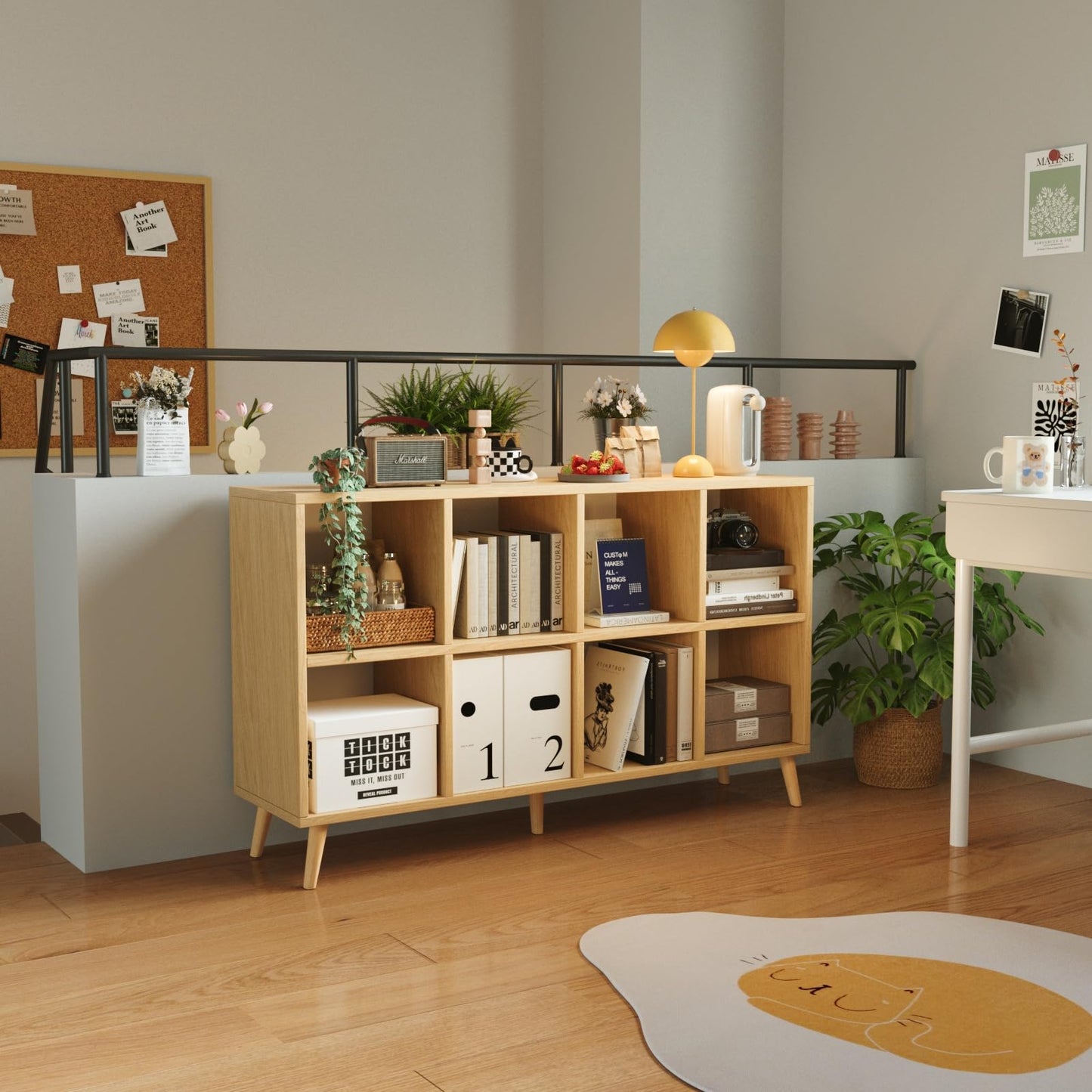 8 Cube Storage Organizer, Mid-Century Modern Wooden Bookcase with 5 Solid Wood Legs, Horizontal Cubby Bookshelf Fits 11 Inch Bins, Versatile Console TV Stand for Living Room, Kids Room, Natural
