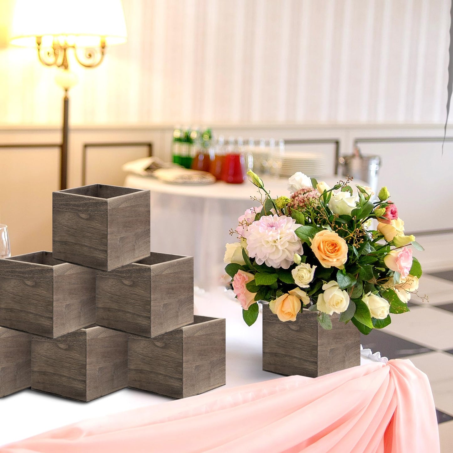 Suzile 24 Set Wooden Planter Box Square Wood Flower 4 Rustic Cube Planter Box with Removable Foam Blocks Liner Brown Square Vase for Home Centerpiece Garden Craft Wedding Farmhouse Decor