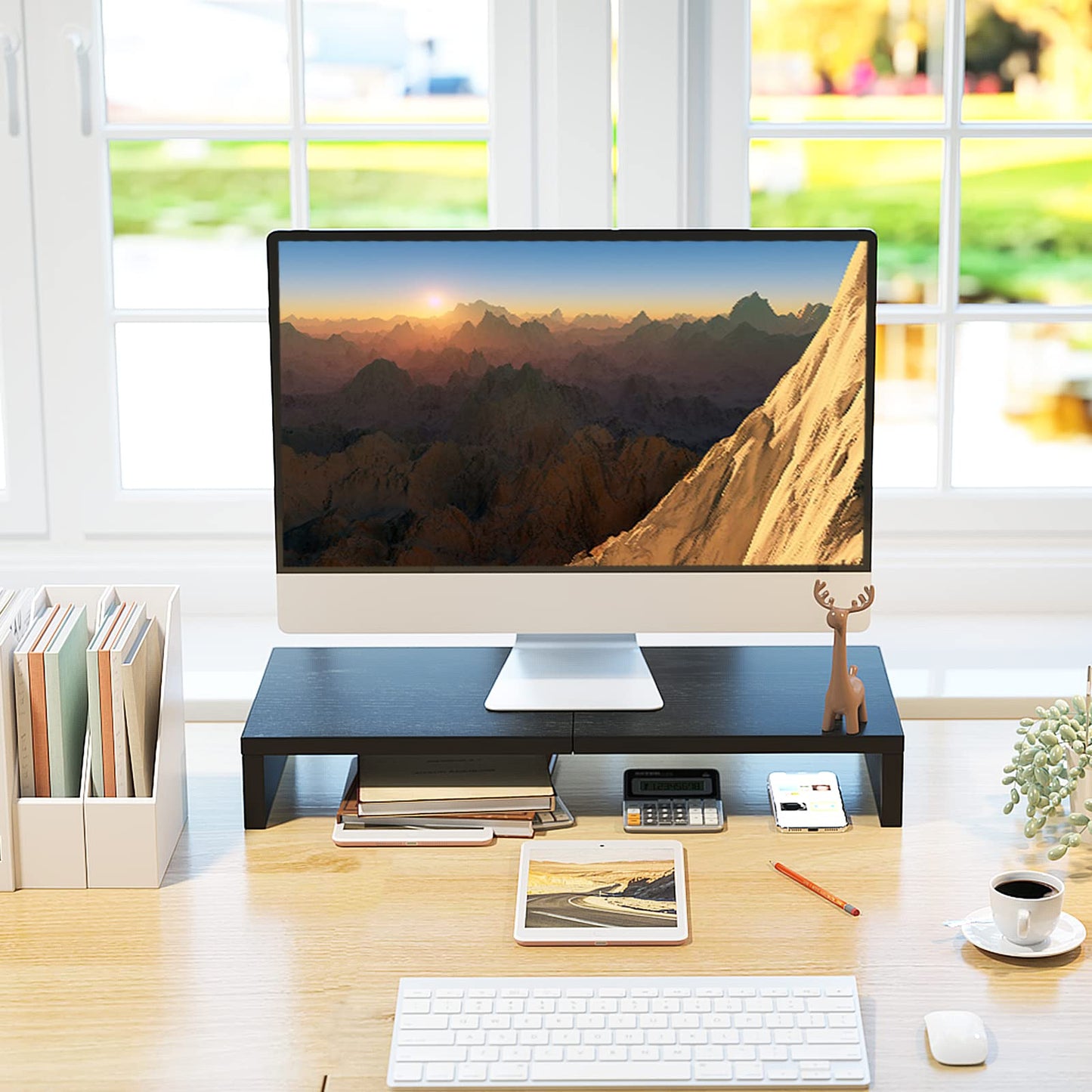 TEAMIX 20 inch + 14.2 inch Black Monitor Stand Riser, Wood Monitor Stand for Desk TV/Screen/PC/Printer/Laptop Riser, Computer Stand with Keyboard Organizer, Desktop Shelf, Monitor Riser .