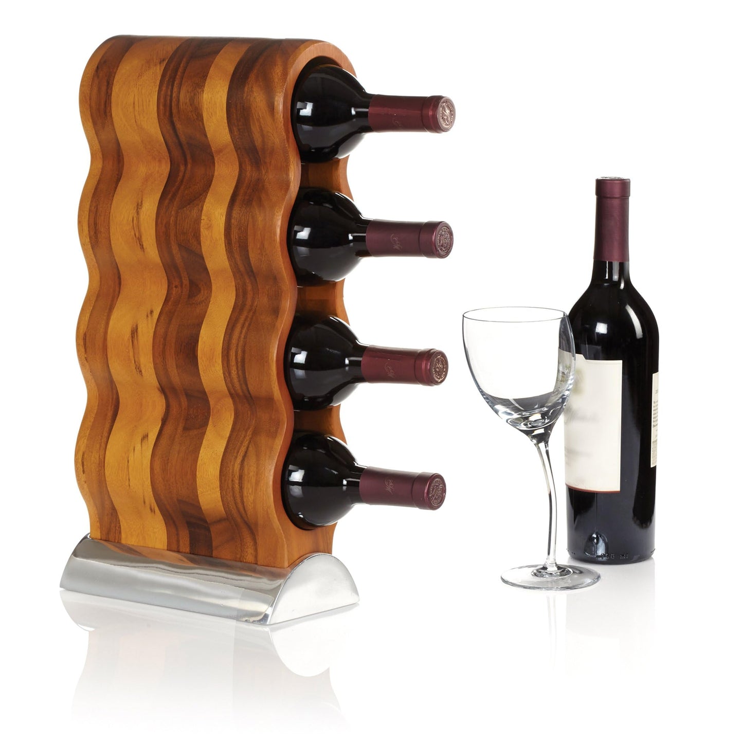 Nambé Curvo Wine Rack - 4-Bottle - Modern Sculptural Holder with Acacia Wood Frame & Nambé Alloy Base, Elegant Countertop Storage for Dining Room, Kitchen Bar & Home Décor