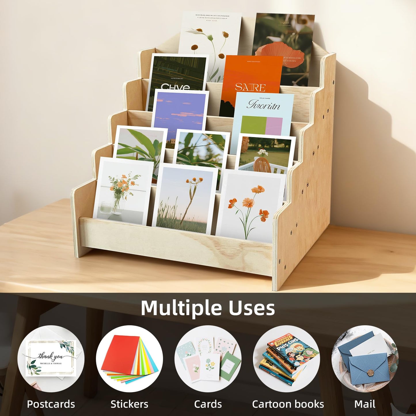 SPVIKISGO 5-Tier Greeting Card Display Stand, Wooden Rack Holder for Display Postcards, Cards, Brochure and Stickers, also for Vendors, Counter Retail