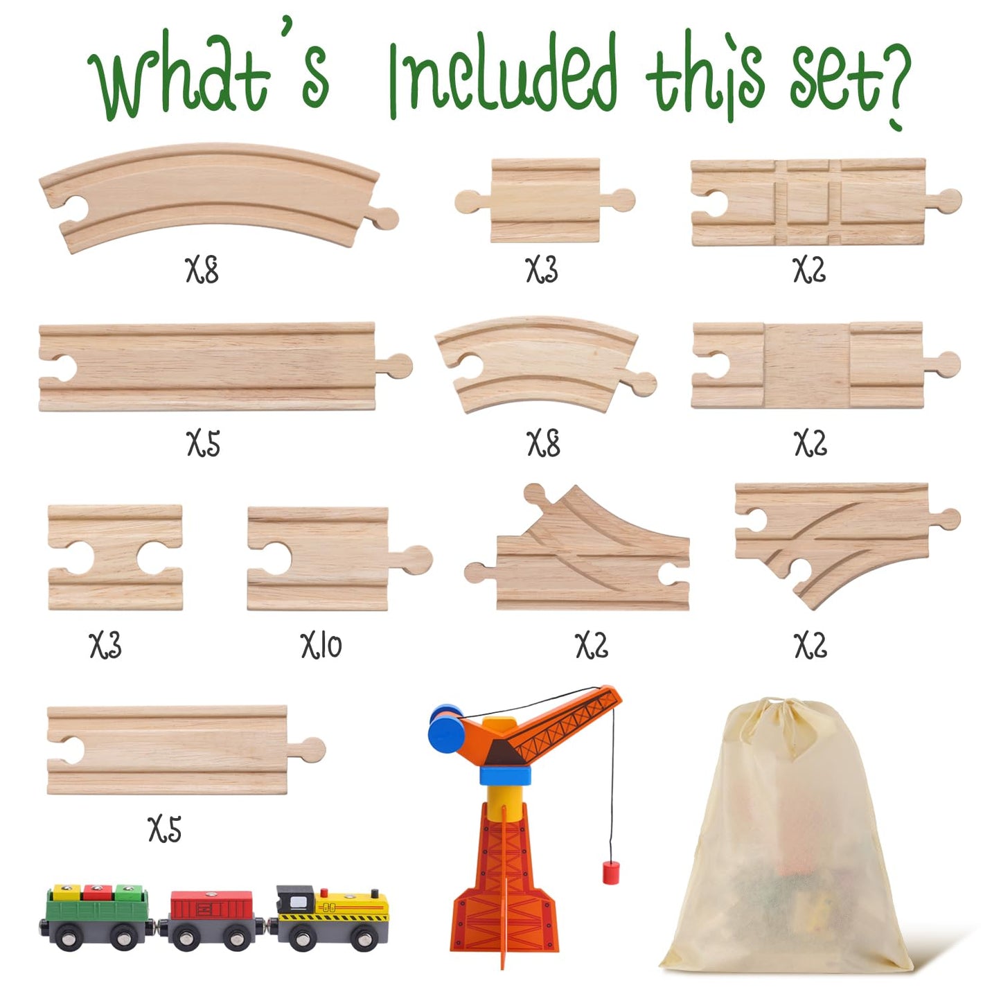 KiToyWod Wooden Train Track Set 62pcs, Wood Railway Systems Accessories Expansion Pack with Train + Crane, for 3-10 Years Toddlers Birthday Gift, Christmas Toys, Compatible with Major Brands (62 PCS)