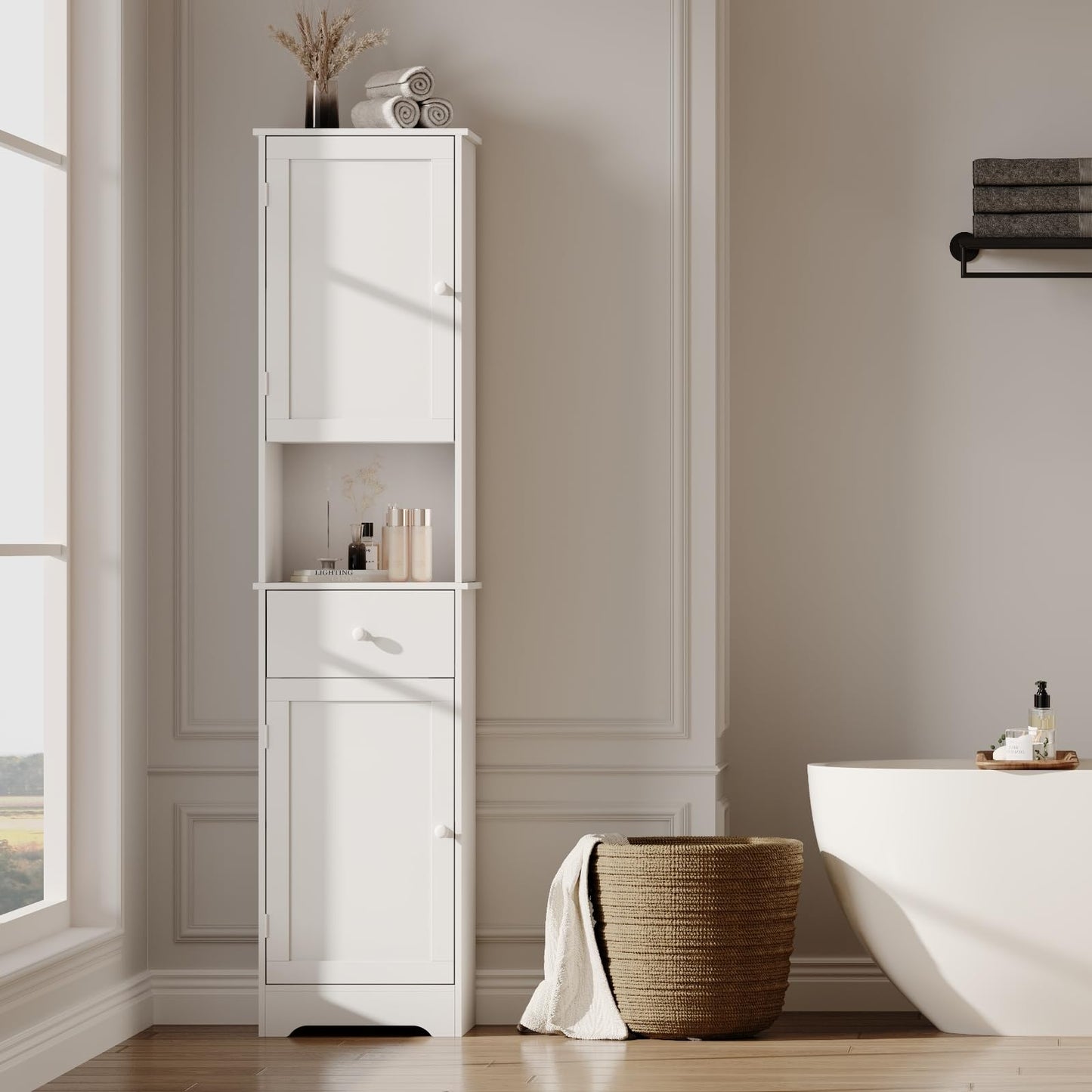 Viaozutis Tall Bathroom Cabinet, Storage Cabinet with 2 Doors & 2Drawer, with Ajustable Shelve, for Bathrooms, Kitchens,Entrances（White）