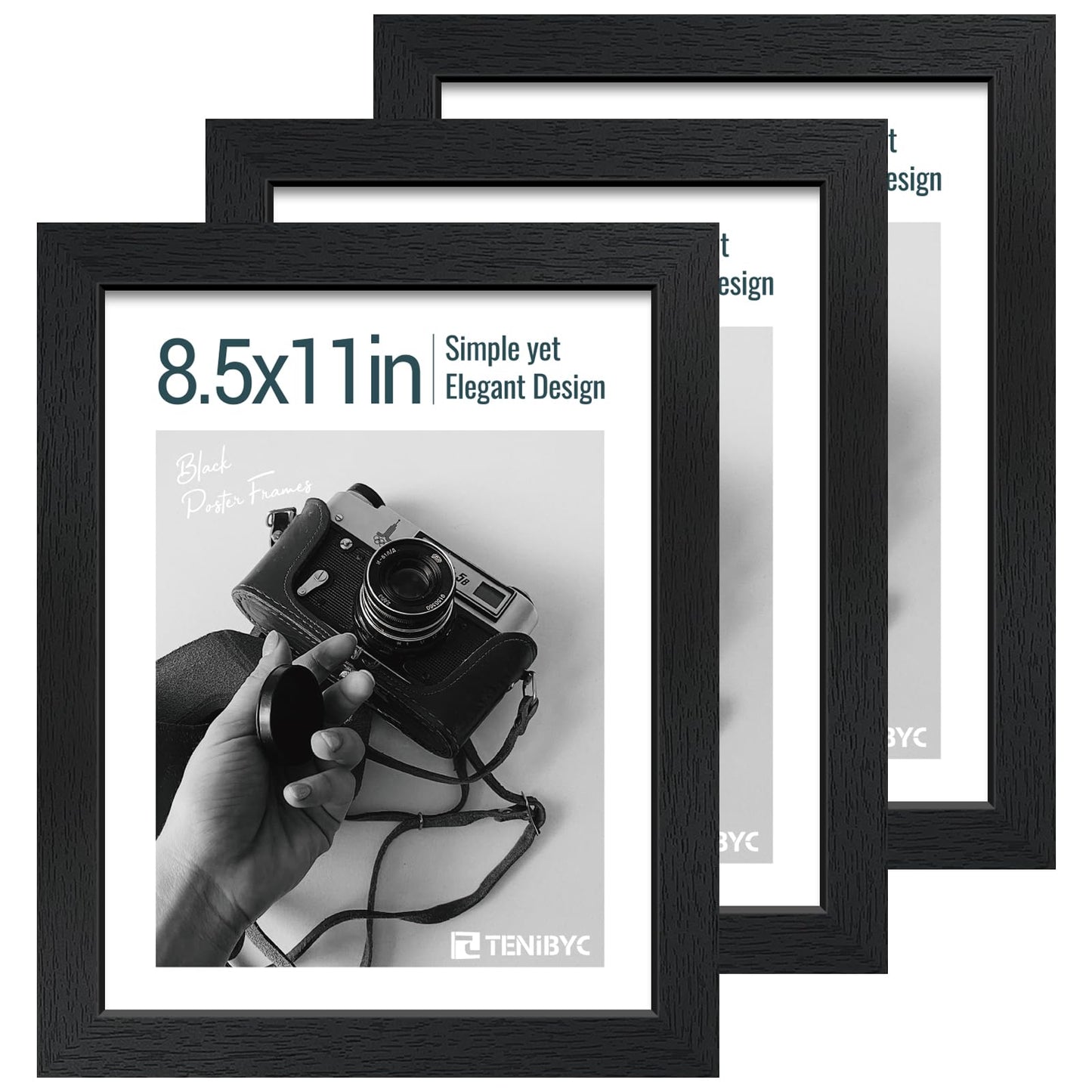 TENIBYC 8.5 by 11 Picture Frame Set of 3 - Black Woodgrain, HD Tempered Glass, Certificates & Awards, Table Display or Wall Hanging