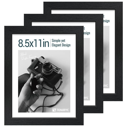 TENIBYC 8.5 by 11 Picture Frame Set of 3 - Black Woodgrain, HD Tempered Glass, Certificates & Awards, Table Display or Wall Hanging