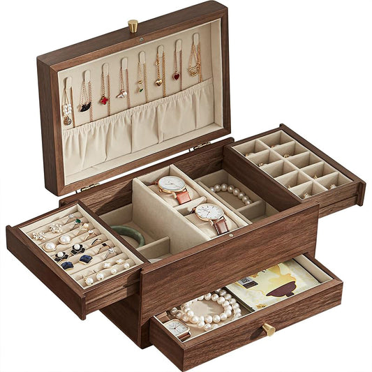 CHOSIN Black Walnut Wooden Jewelry Box for Women, 3 Level Multi-functional Drawer Organizer Box Watch Necklace Ring Earring Storage, Ideal Gift for Her, Fathers Day Gif