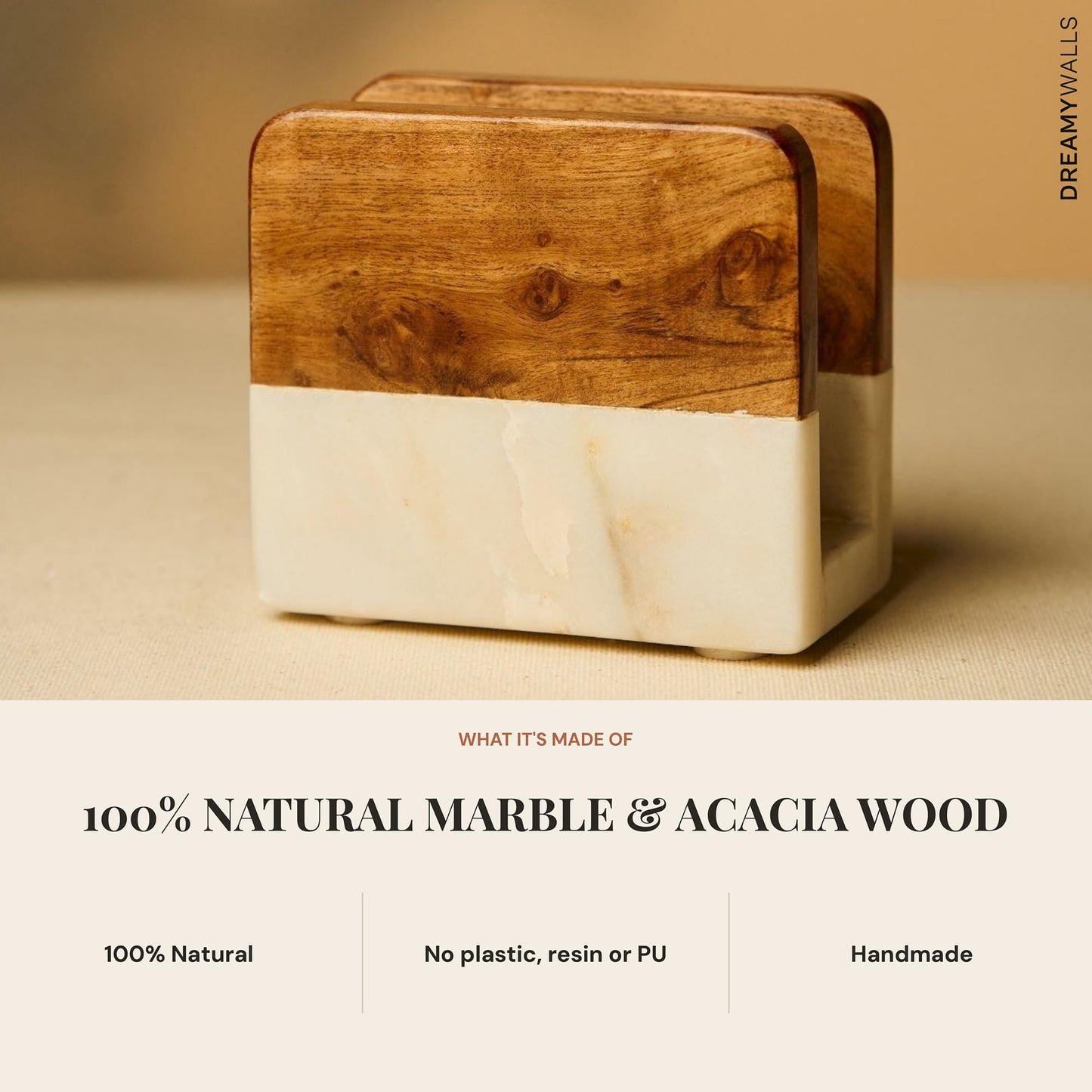Dreamy Walls 5.5” Marble Napkin Holder for Dining Table & Kitchen Counter | Modern, Upright, Acacia Wood & Marble Napkin Dispenser & Stand | Cocktail, Party, Countertop Use | Handmade in India