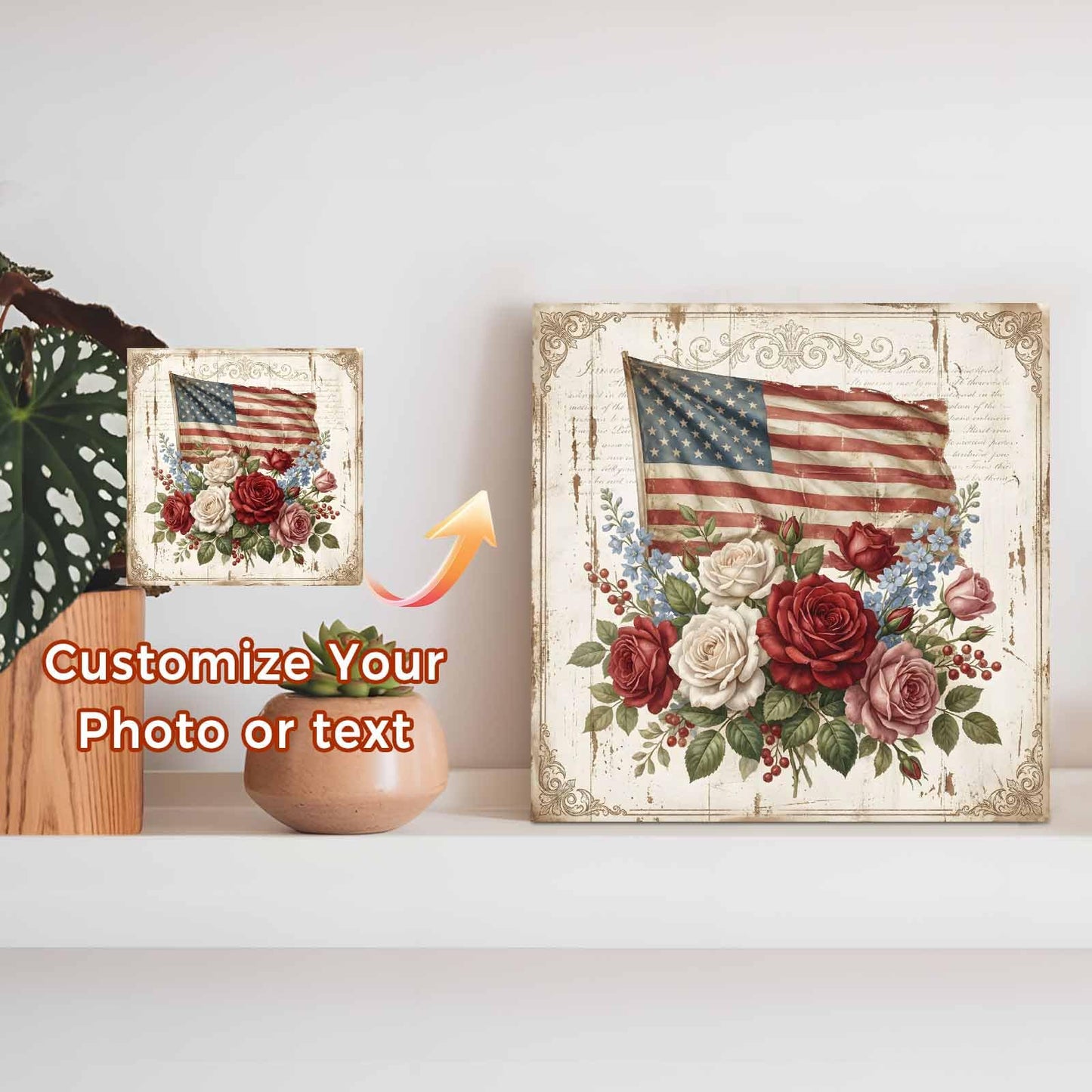 Independence Day Wood Box Sign Desk Decor, Retro American Red White Pink Rose Blue Flowers Decorative Wooden Block Box Sign Decorations for Home Office Shelf Table Decor 6x6 Inches