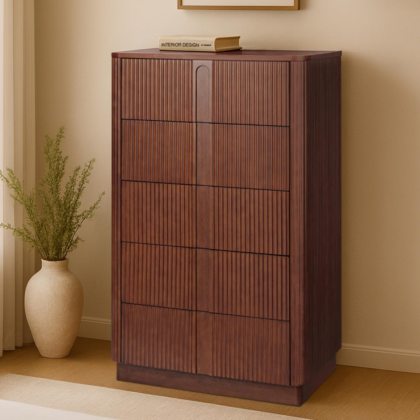 Teamson Home 30'' W Large Storage 5-Drawer Dresser Push to Open Modern Scandinavian with Rounded Edges and Reeding Pattern Bedroom Furniture Clothing Chest in Warm Walnut Finish