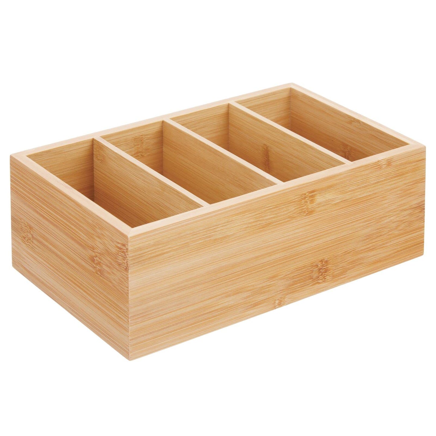 mDesign Bamboo Wood Compact Food Storage Organizer Bin Box - 4 Divided Sections - Holder for Seasoning Packets, Pouches, Soups, Spices, Snacks - Natural