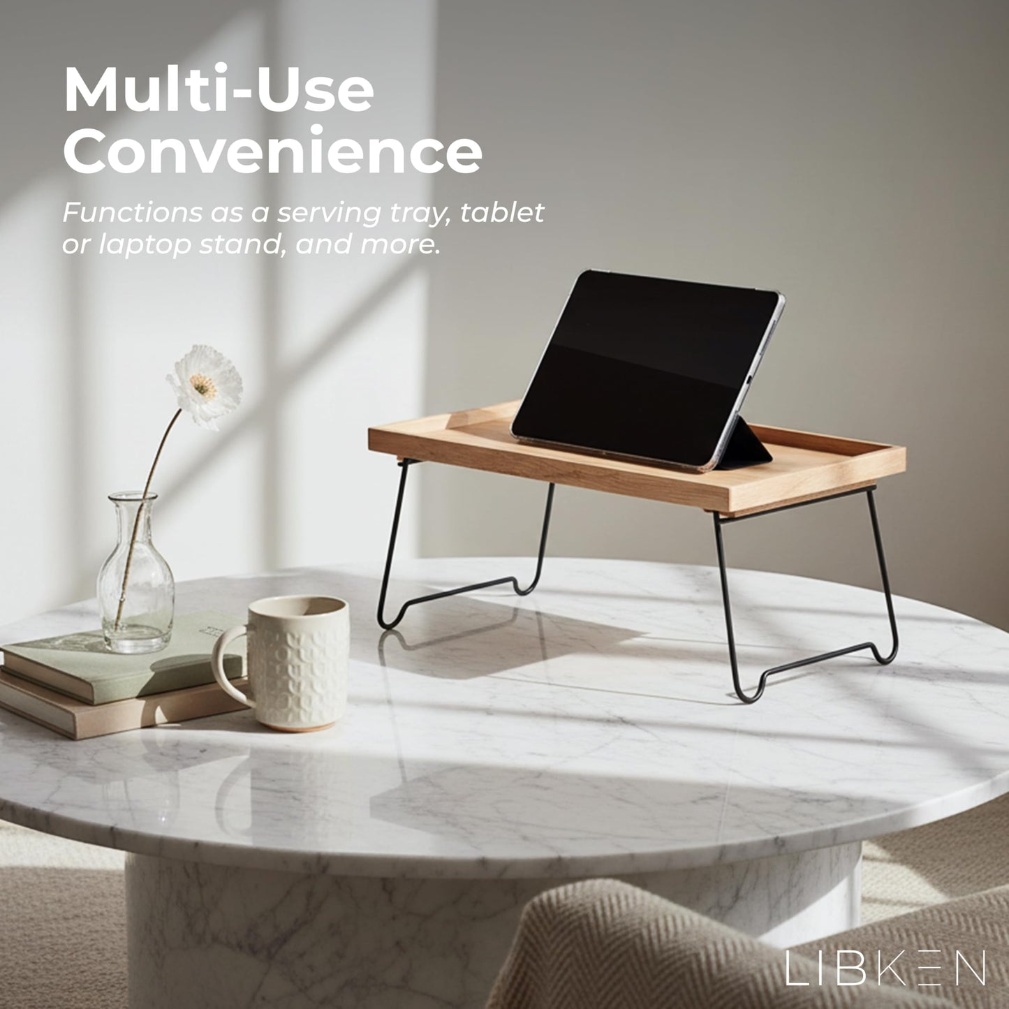 Libken Rubberwood Serving Tray with Foldable Legs – Minimal Scandinavian Design Bed Tray Table – Elegant Wooden Breakfast in Bed Tray, Food Serving Tray for Eating, Snacks, Reading & Laptop Use