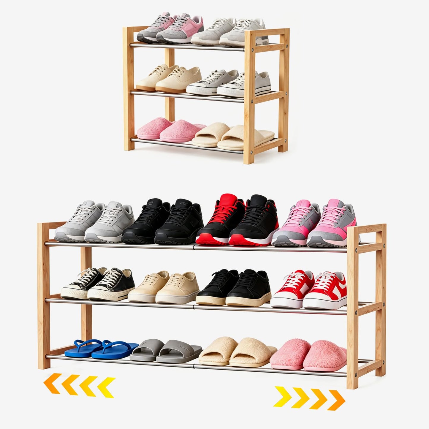 THENNIKIGO Shoe Rack Wooden, Oak Expandable Shoe Organizer, 3-Tier Stainless Steel Shoe Shelf, 17.7“-31.4” Shoe Storage 6-12 Pairs, for Closet, Garage, Narrow Spaces, Entryway, Door Entrance
