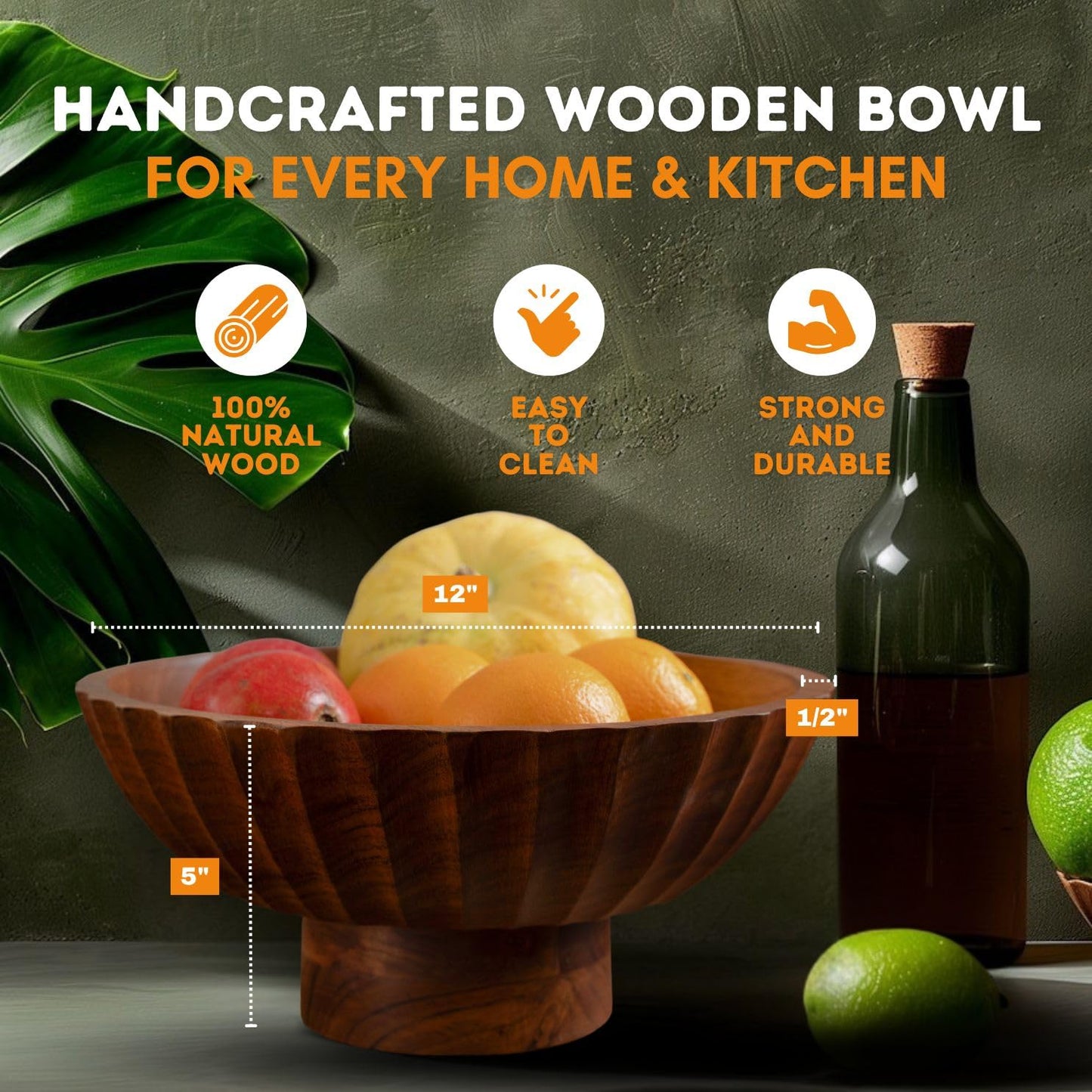 Luxe Designs Wooden Footed Bowl Handcrafted Decorative Fruit Bowl with Elegant Footed Base for Dining, Serving, and Home Décor – Perfect for Fruits, Snacks, and Centerpiece Display (Carved)