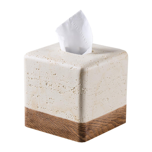 Natural Travertine Match Wooden Square Tissue Box Cover Decorative,Resin Heavy Sturdy Tissue Box Holder, Facial Paper Holder for Bathroom Vanity Countertop, Bedroom Night Stand,Office and End Table