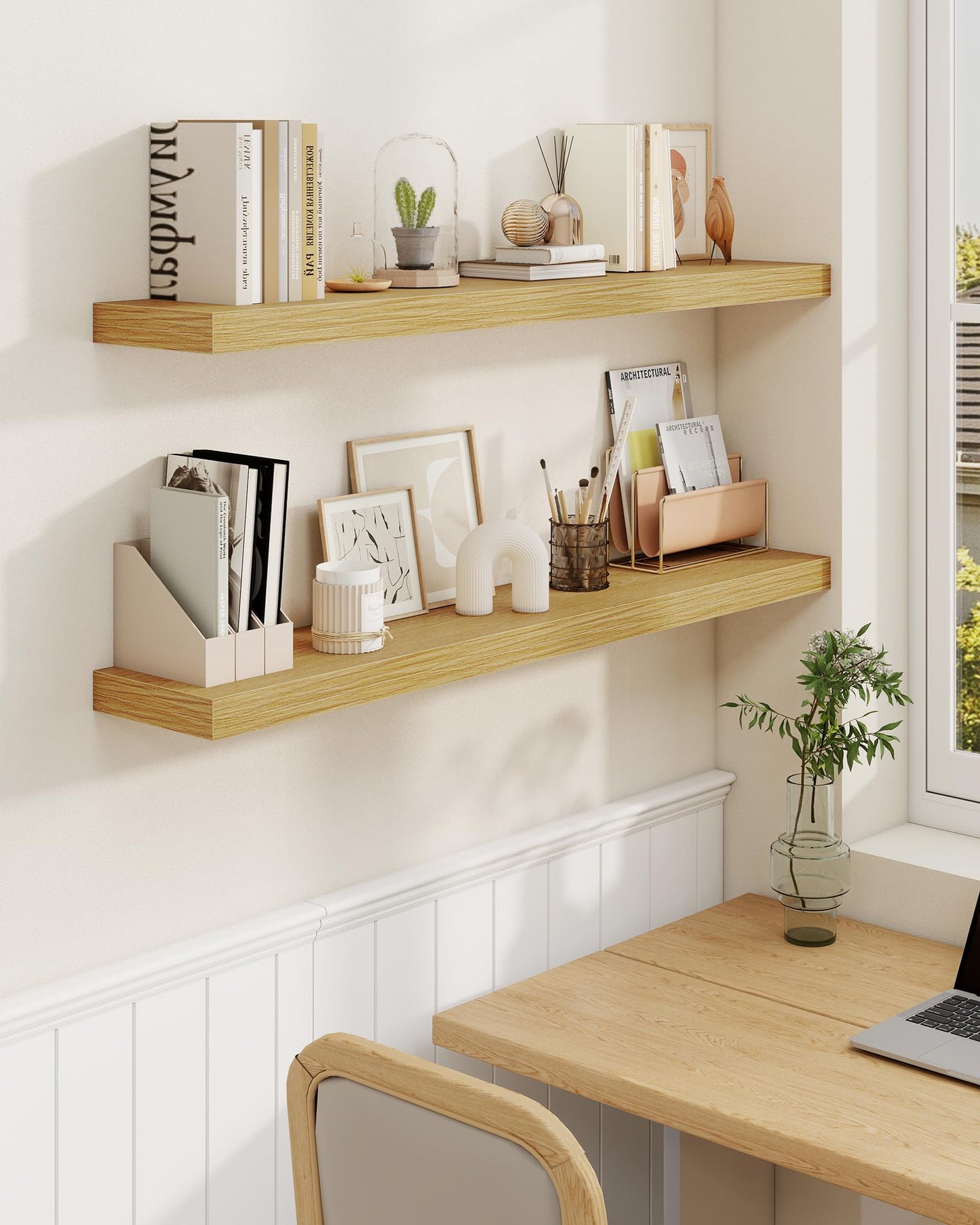 Marsmiles 32" Floating Shelves for Wall, Wooden Shelves with Invisible Brackets Set of 2, Rustic Farmhouse Wall Mounted Shelf for Kitchen Bathroom Living Room Study, Natural Oak