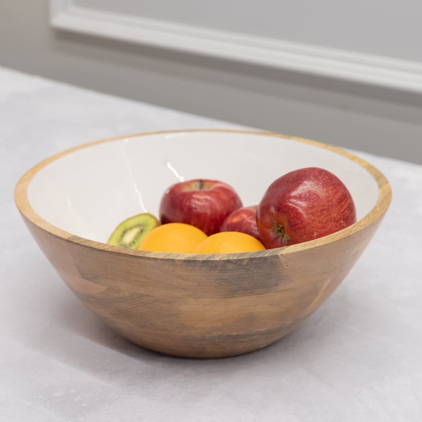 Folkulture Salad Bowls or Wooden Bowls with Salad Servers, Large Serving Bowl or Fruit Bowl, Wooden Salad Bowl Set for Mixing or Tossing, 12" D x 5" H, Mango Wood, White