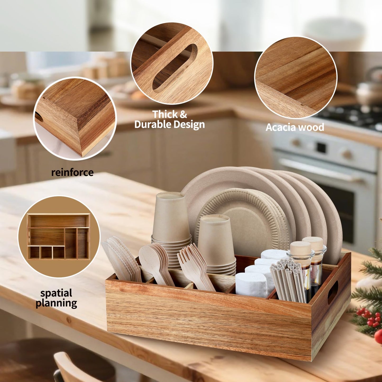 BOTOP Acacia Wood Utensil Holder for Party, Paper Plate Organizer Silverware Caddy with 6 Compartments for Plate, Cup, Fork, Spoon, Cutlery Holder Countertop for Kitchen Camping Buffet
