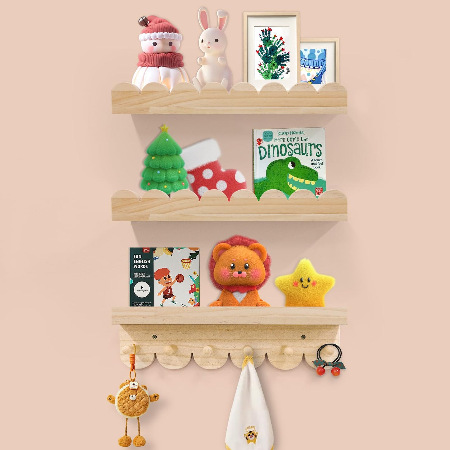 Varbonia Floating Nursery Book Shelves for Wall, 16'' Wood Book Shelf for Baby Boys Girls Bedroom Bathroom and Décor Storage, Wall Shelf for Books, Plants, Toys, Photo Frames (Wooden, 3 Pack)