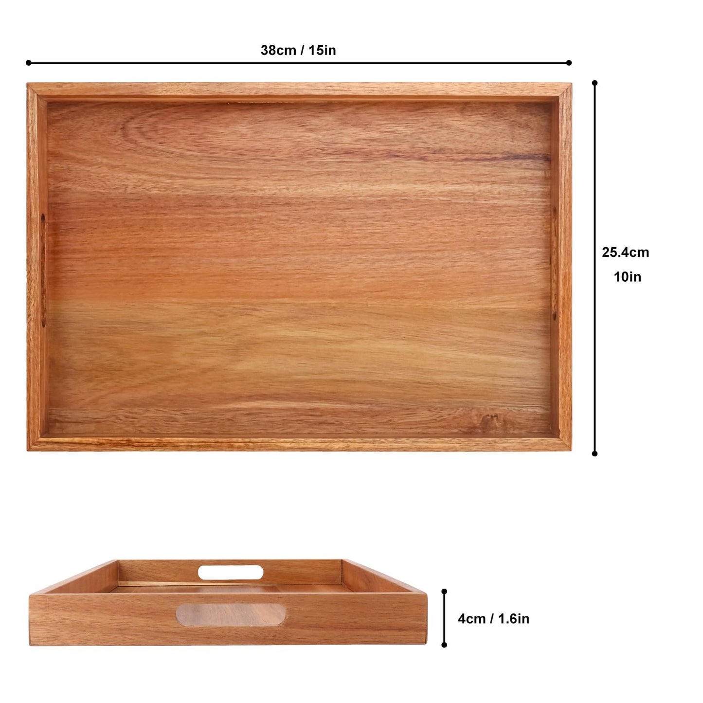 kukmakri 3 PCS Acacia Wood Serving Tray with Handles - 15 x 10 Inch Elegant Rectangle Wooden Tray for Food, Decorative Snack Tray, Breakfast and Kitchen Tray, Ideal Wooden Serving Platter for Homes