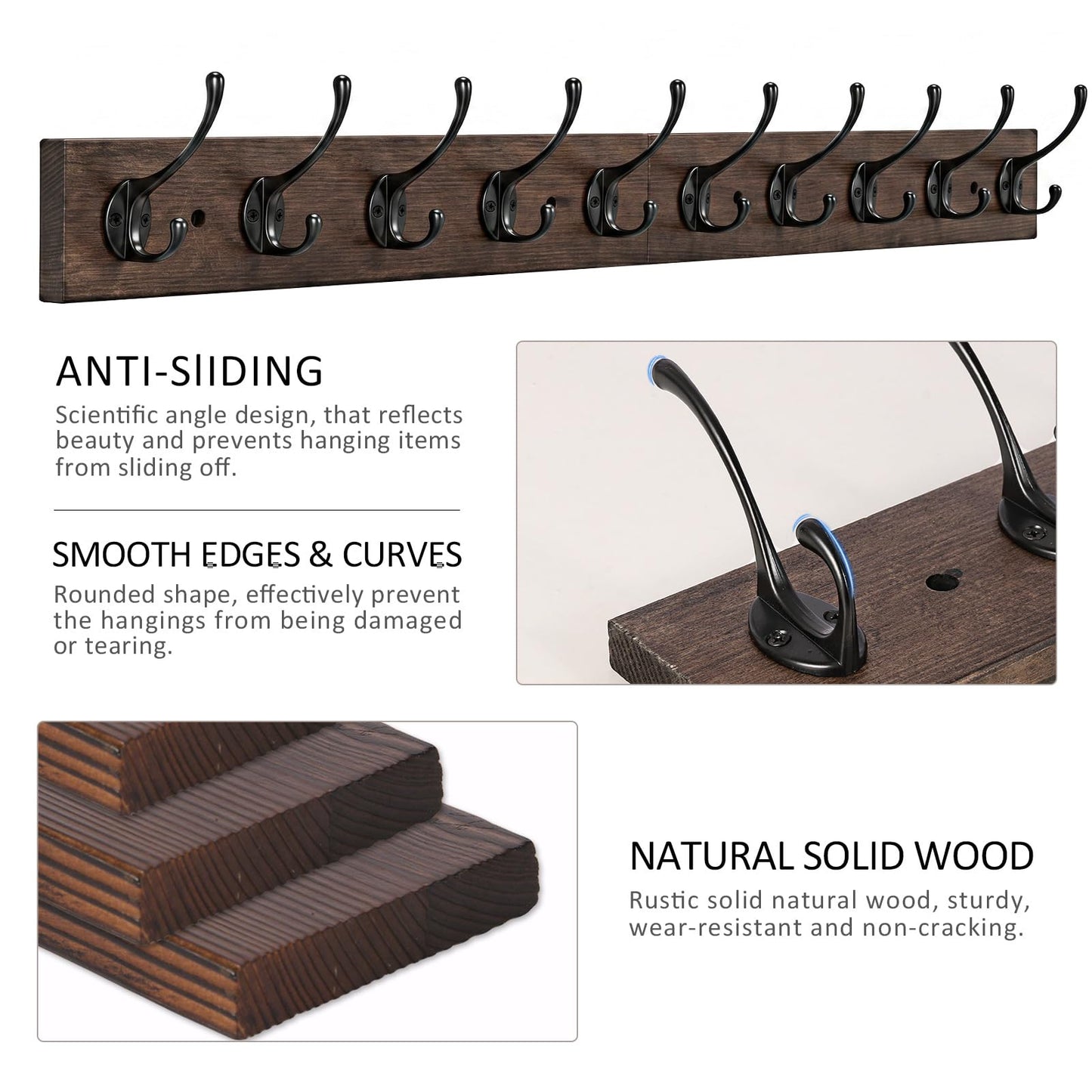 IBosins Wall Mounted Coat Rack,Vintage Wood Coat Rack, 34" Long with 10 Black Double Hooks Rail for Entryways, Bathrooms, Living Rooms to Hang Coat, Scarve, Hat,Key, Bag