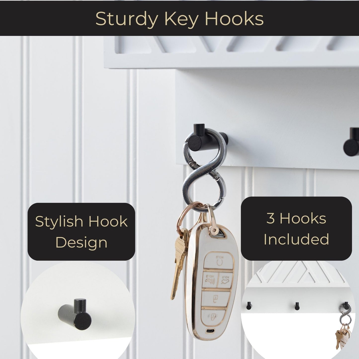 BLU MONACO | Wall Mount Key Holder with Mail Organizer | Wooden Command Center with 3 Hooks and 2-Tier Letter Pockets | Entryway Mail Sorter & Key Rack | White Geometric Wall Organizer for Office Home