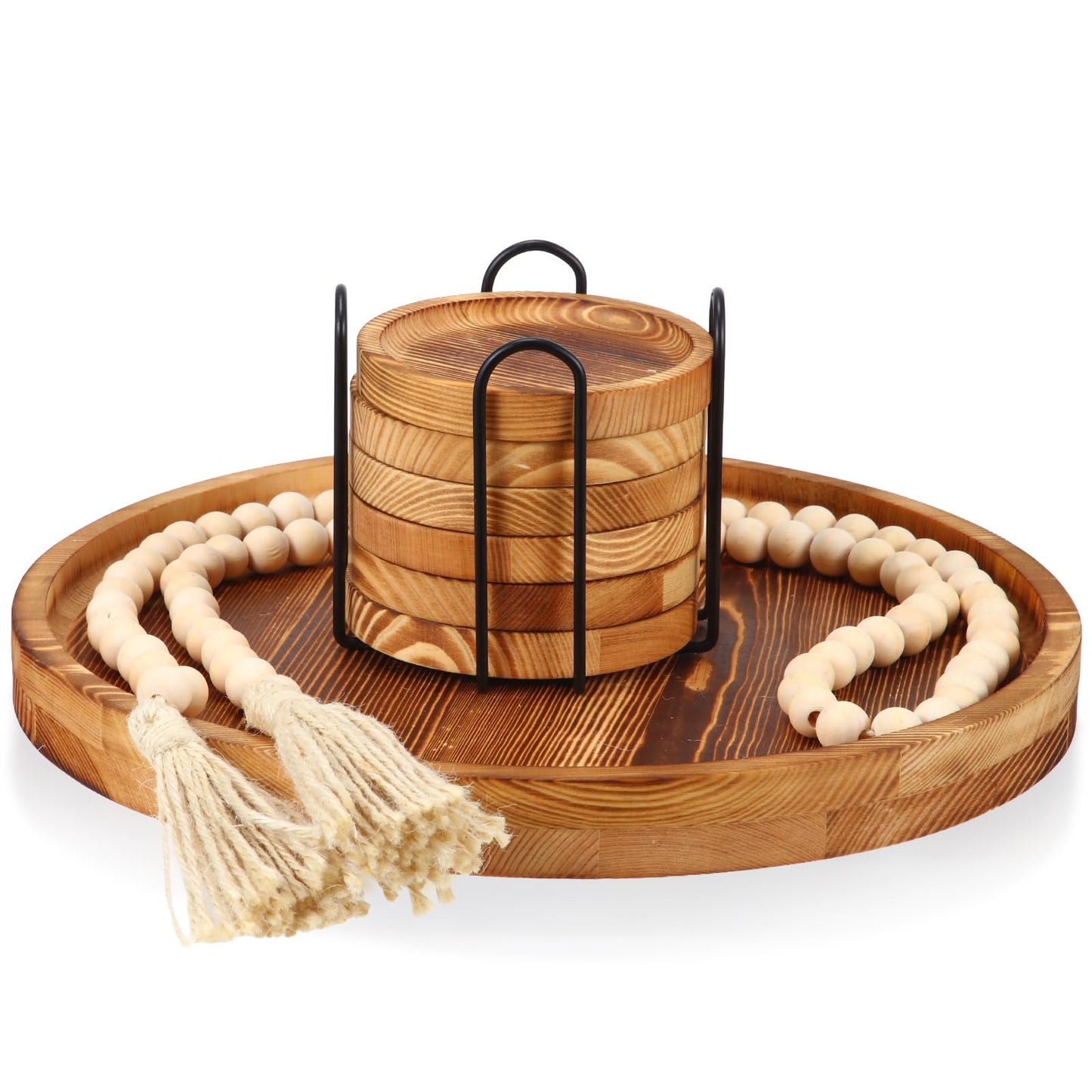 Acellegic Boho Table Centerpieces Set 1 Wood Decorative Tray, 6 Wooden Coasters for Drinks and 1 Farmhouse Beads for Home, Bedroom, Coffee Table, Sofa Area, Farmhouse, Office, Bar