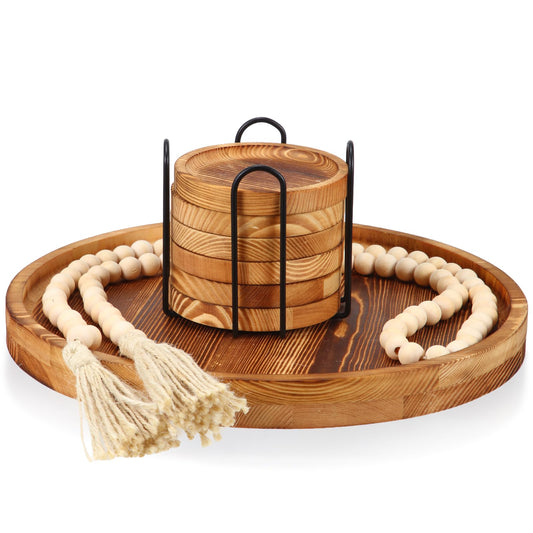 Acellegic Boho Table Centerpieces Set 1 Wood Decorative Tray, 6 Wooden Coasters for Drinks and 1 Farmhouse Beads for Home, Bedroom, Coffee Table, Sofa Area, Farmhouse, Office, Bar
