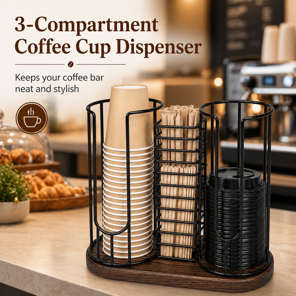 3-Compartment Coffee Cup Dispenser, Countertop Organizer Rack with Wooden Base for Disposable Cup, Lid, Straw, Tea Bag, Stirrer, Suitable for Kitchen, Bar, Restaurant, Office and Retail Space Use