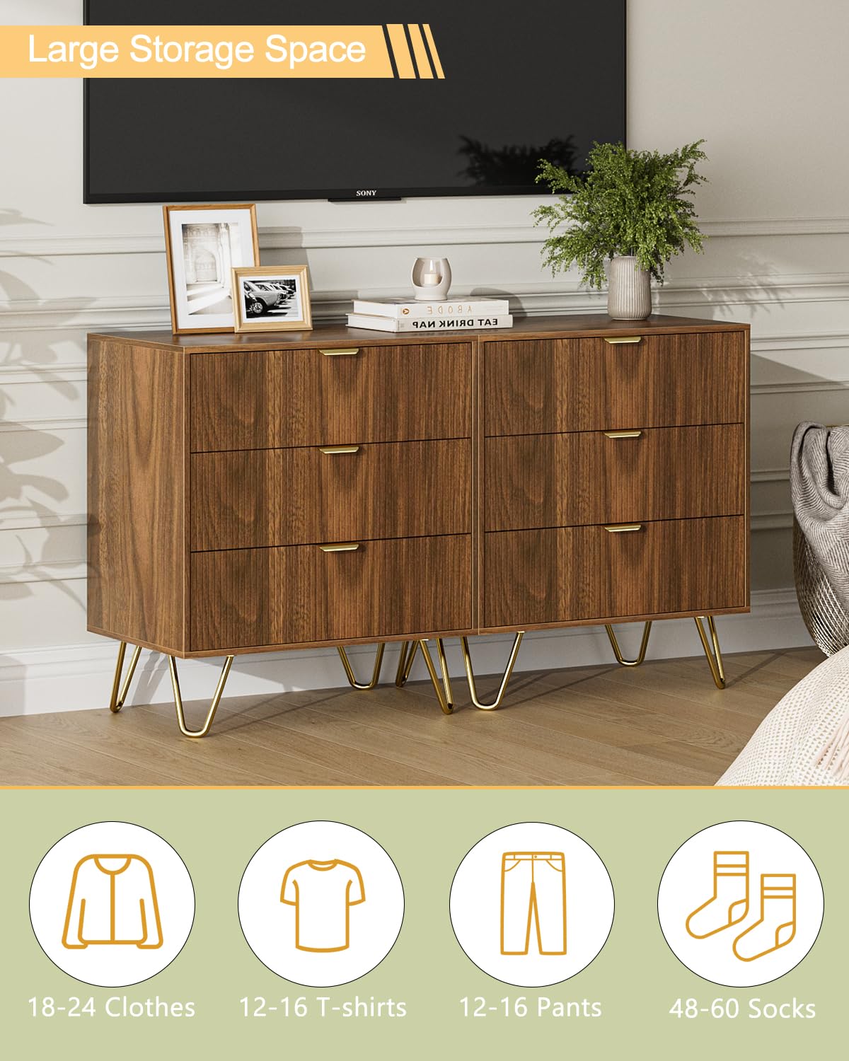 AEPOALUA Walnut Dresser for Bedroom, Modern Fluted 3 Drawer Dresser with Storage, Dresser Chest of Drawers with Gold Handles for Bedroom, Living Room, Closet, Hallway, 15.8" D x 23.6" W x 27.6" H