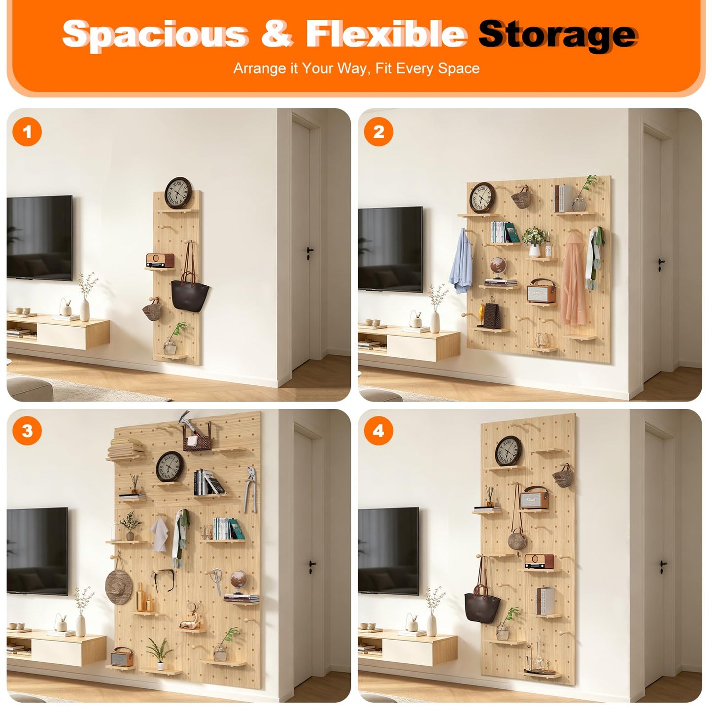 AMSXNOO Wood Pegboard Wall Organizer Panels, Wooden Pegboard Combination Wall Organizer Kit, Display Peg Board Panel Kits for Office Bedroom Livingroom Studyroom (Wooden Color, 31.5X47.2IN/80X120CM)