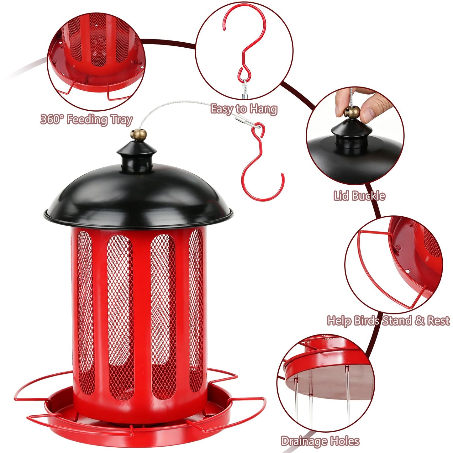 IWNTWY Bird Feeder, Large Capacity Bird Feeders for Outdoor Hanging, Heavy Duty Metal Wild Birdfeeder for Outside Garden Yard Decor, Retro Lantern Shape (Red)